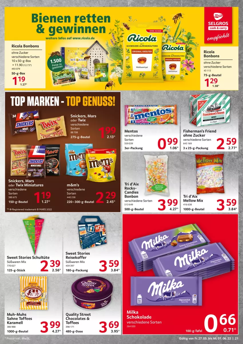 Aktueller Prospekt Selgros - Food - von 27.05 bis 01.06.2022 - strona 21 - produkty: alpenmilch, beutel, bonbons, cola, eis, karamell, koffer, kräuter, kräutern, mars, mentos, milch, oder twix, reis, Ricola, sahne, snickers, tee, Tüte, twix, zucker