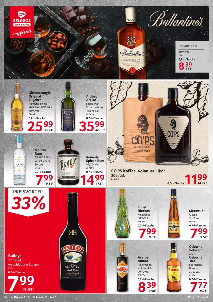 Aktueller Prospekt Selgros - Food - von 27.05 bis 01.06.2022 - strona 22 - produkty: amaro, Ardbeg, averna, ball, eis, flasche, gin, kaffee, kräuter, kräuterlikör, likör, Metaxa, nuss, osborne, preisvorteil, reis, rum, scotch, scotch whisky, single malt, tee, Ti, veterano, whisky