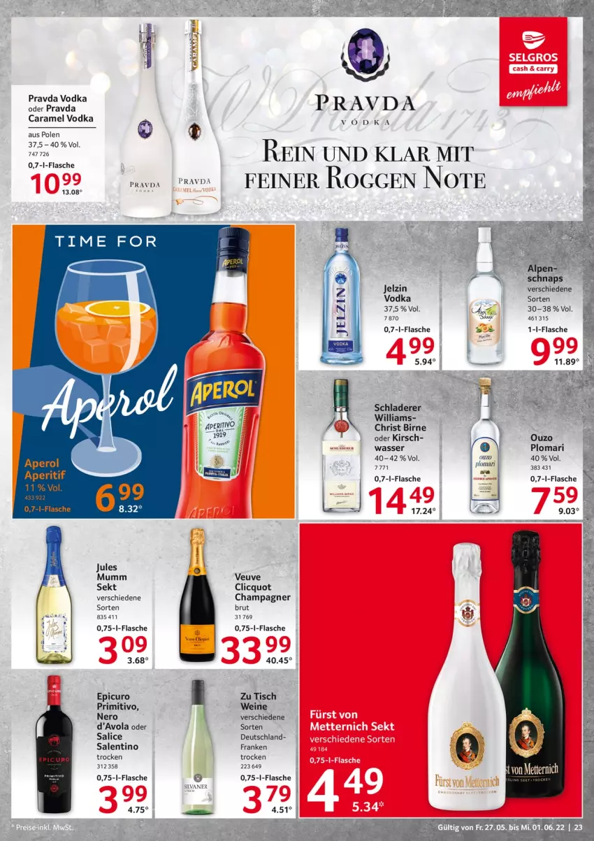 Aktueller Prospekt Selgros - Food - von 27.05 bis 01.06.2022 - strona 23 - produkty: aperol, brut, caramel, champagne, champagner, flasche, jelzin, jules mumm, kirsch, LG, mumm, nero, ouzo, primitivo, Schladerer, sekt, silvaner, Ti, tisch, vodka, wasser, wein, weine