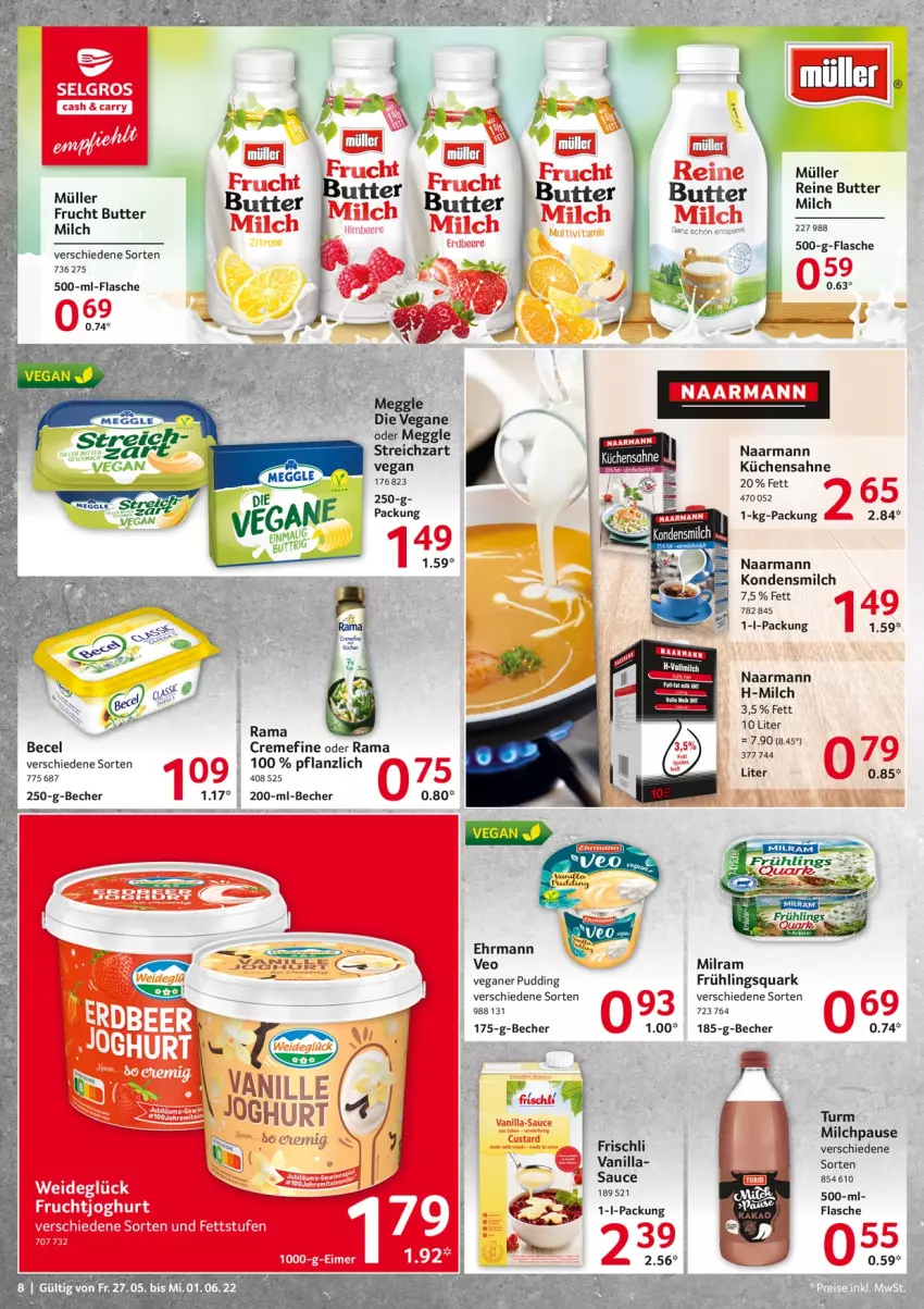 Aktueller Prospekt Selgros - Food - von 27.05 bis 01.06.2022 - strona 8 - produkty: becel, Becher, butter, creme, ehrmann, eier, eimer, flasche, frischli, HP, kondensmilch, küche, Küchen, Küchensahne, LG, meggle, milch, milram, Müller, pudding, quark, rama, sahne, sauce, Streichzart, tee