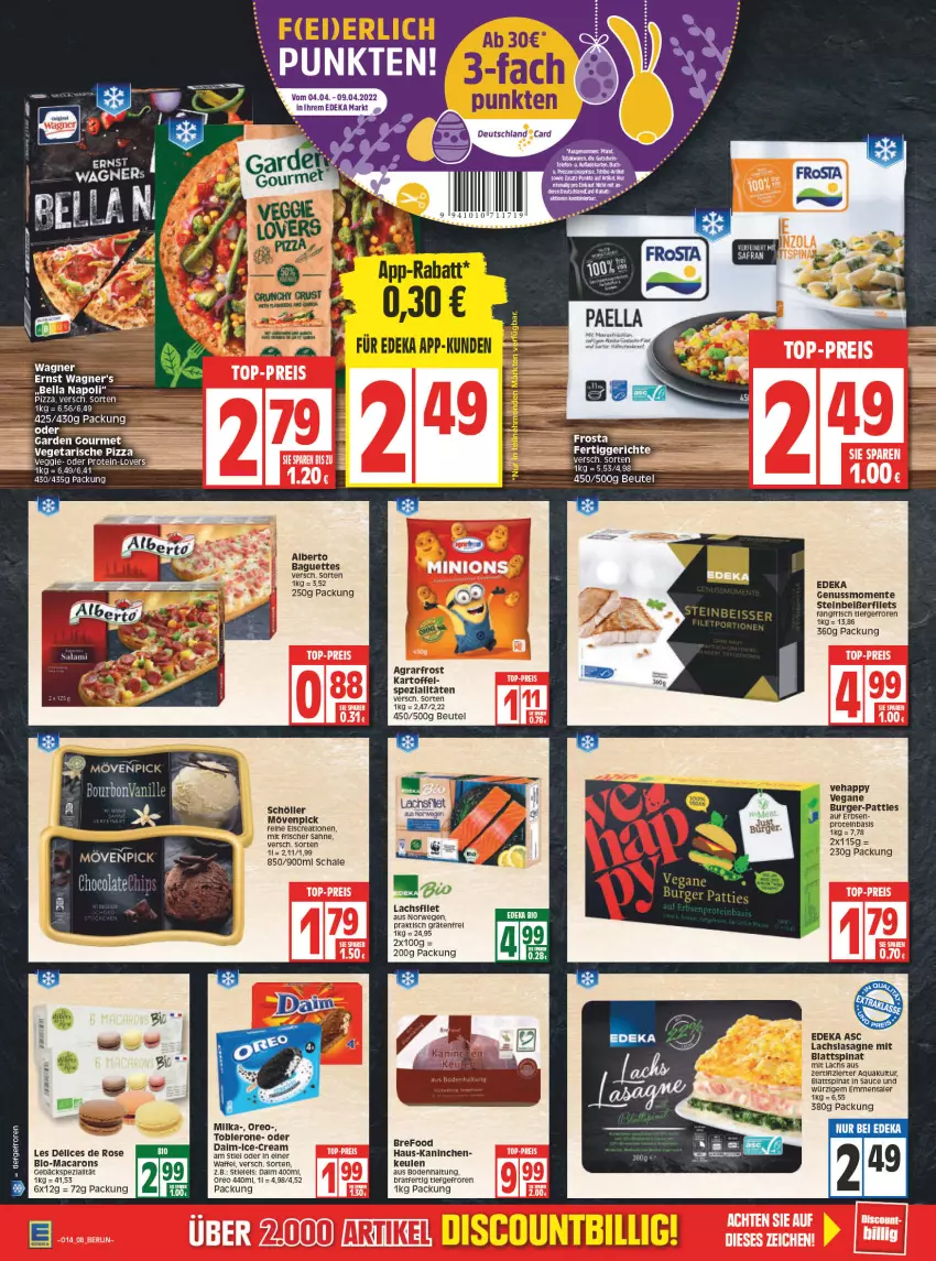 Aktueller Prospekt Edeka - Angebote der Woche - von 04.04 bis 09.04.2022 - strona 10 - produkty: agrarfrost, aqua, baguette, baguettes, beutel, bio, blattspinat, Bref, burger, cola, deka, dell, edeka bio, eis, emmentaler, ente, erbsen, kartoffel, lachs, lasagne, mac, Macarons, milka, mövenpick, nuss, oreo, pizza, reis, rel, rwe, sahne, salami, sauce, Schal, Schale, Schöller, Spezi, spinat, Steinbeißer, tee, Ti, tisch, toblerone, top-preis, wagner