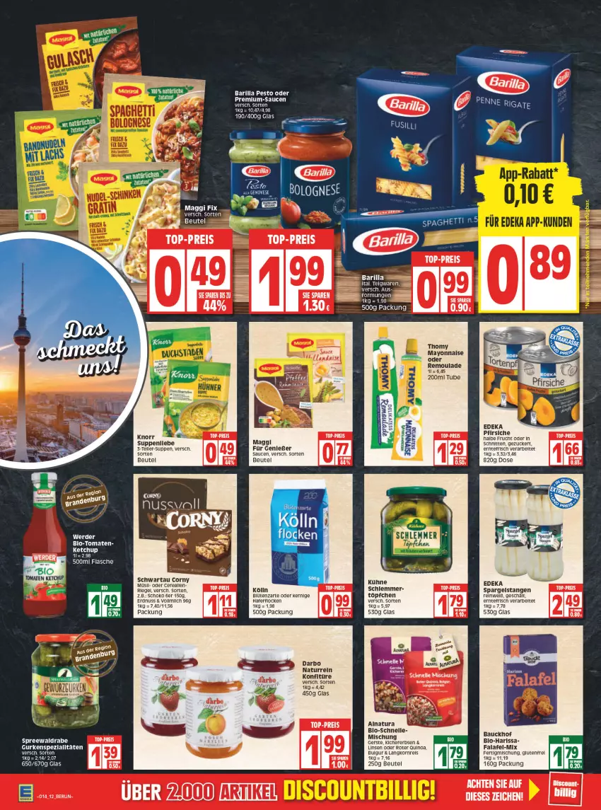 Aktueller Prospekt Edeka - Angebote der Woche - von 04.04 bis 09.04.2022 - strona 14 - produkty: barilla, Bau, beutel, bio, Blüte, bulgur, corny, darbo, deka, eis, elle, erdnuss, Falafel, flasche, frucht, gurke, gurken, hafer, haferflocken, ketchup, knorr, kölln, konfitüre, korn, Kühne, LG, linsen, maggi, mayonnaise, natur, natura, nuss, pesto, pfirsich, pfirsiche, quinoa, reis, rel, remoulade, riegel, sauce, saucen, schnitten, schoko, Schwartau, spargel, Spezi, suppe, suppen, suppenliebe, teller, thomy, Ti, tomate, tomaten, top-preis, Töpfchen, Yo, zucker