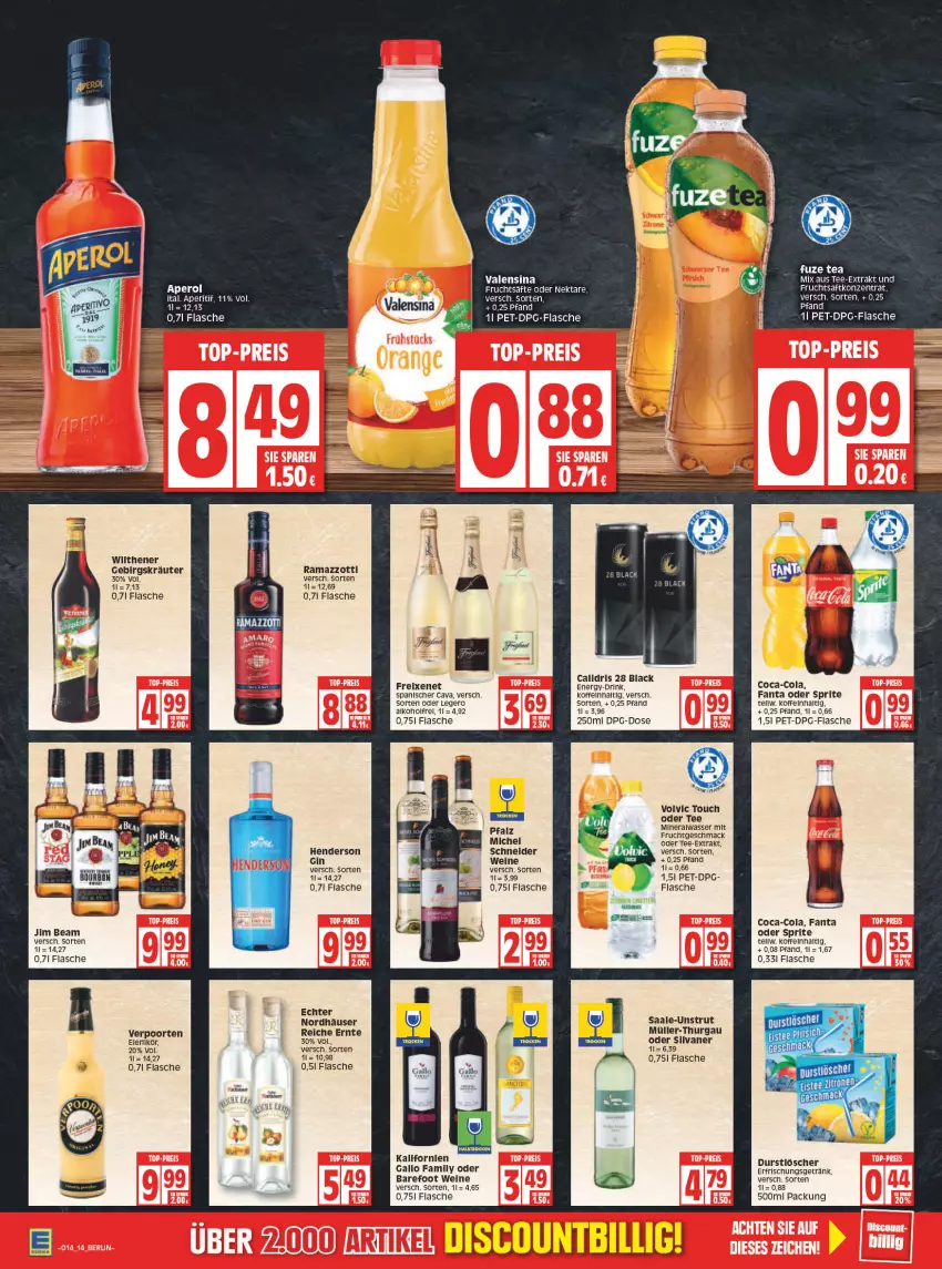 Aktueller Prospekt Edeka - Angebote der Woche - von 04.04 bis 09.04.2022 - strona 16 - produkty: alkohol, Alwa, aperitif, aperol, Cava, coca-cola, cola, discount, drink, durstlöscher, eis, enders, erfrischungsgetränk, fanta, fanta oder, fanta oder sprite, flasche, freixenet, frucht, fruchtsaft, fruchtsäfte, fuze tea, gallo, gallo family, getränk, gin, jim beam, kräuter, lack, mac, mineralwasser, Müller, Müller-Thurgau, Nektar, oder sprite, rama, ramazzott, ramazzotti, rel, saft, säfte, silvaner, sprite, tee, Ti, valensina, volvic, wasser, wein, weine, wilthener, zott