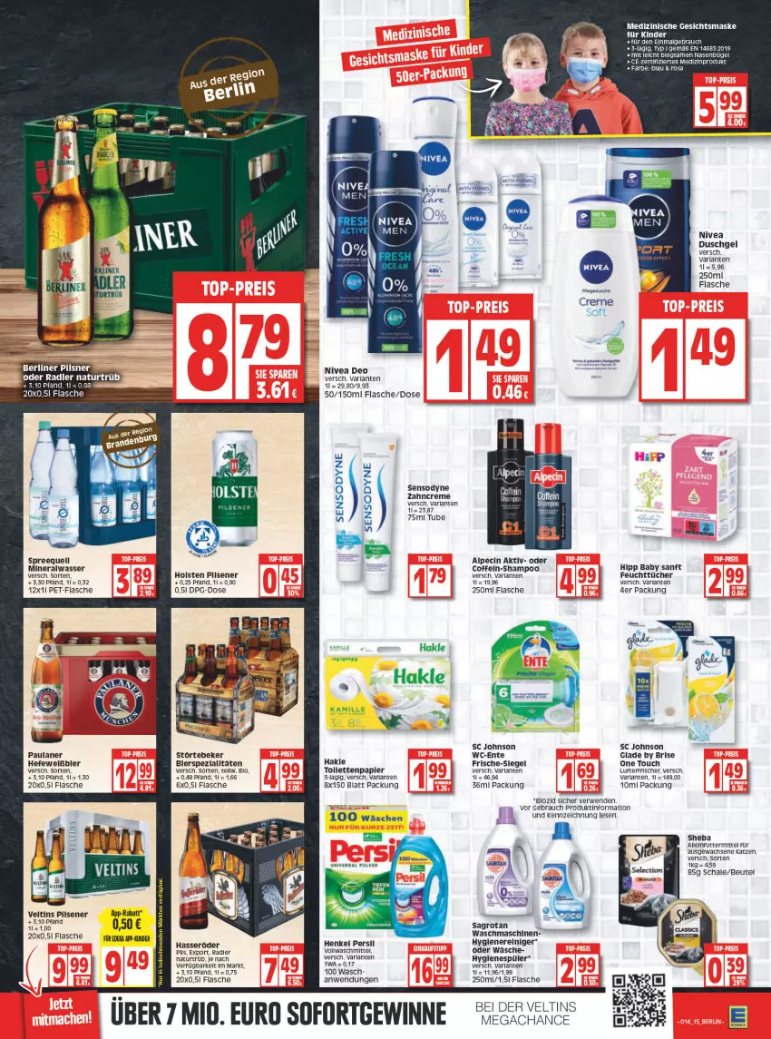 Aktueller Prospekt Edeka - Angebote der Woche - von 04.04 bis 09.04.2022 - strona 17 - produkty: alleinfuttermittel, alpecin, Alwa, arla, beutel, bier, bierspezialitäten, bio, bügel, cin, coffein, creme, deo, dusche, duschgel, ente, feuchttücher, flasche, Gesichtsmaske, Glade, hakle, hasseröder, Hefe, henkel, hipp, holsten, holsten pilsener, hygienespüler, Kamill, kamille, Kinder, LG, lufterfrischer, Maske, mineralwasser, natur, nivea, oder radler, papier, Paula, paulaner, persil, pet-flasche, pils, pilsener, radler, Rauch, reiniger, Ria, rwe, sagrotan, Schal, Schale, sensodyne, shampoo, sheba, Spezi, Spreequell, störtebeker, Ti, tücher, veltins, veltins pilsener, vollwaschmittel, waschmaschine, waschmaschinen, waschmittel, wasser, zahncreme