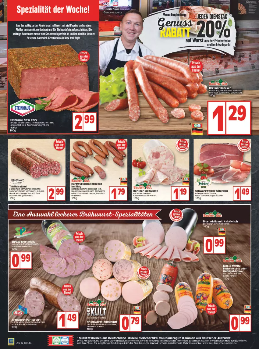 Aktueller Prospekt Edeka - Angebote der Woche - von 04.04 bis 09.04.2022 - strona 6 - produkty: Astra, auer, aufschnitt, Bau, Bauer, bauerngut, berliner, buch, dell, eis, elle, fleisch, frischwurst-aufschnitt, gewürz, HP, Kalbfleisch, knacker, knoblauch, lebensmittel, LG, mac, Mantel, Mett, mettwurst, mit kalbfleisch, mit knoblauch, mit paprika, mortadella, nuss, olive, oliven, paprika, pastrami, pfeffer, reis, rel, rind, rinder, ring, saft, salami, schinken, schwarzwälder schinken, schwein, schweine, Spezi, Ti, Trüffel, wein, weine, wurst, Yo