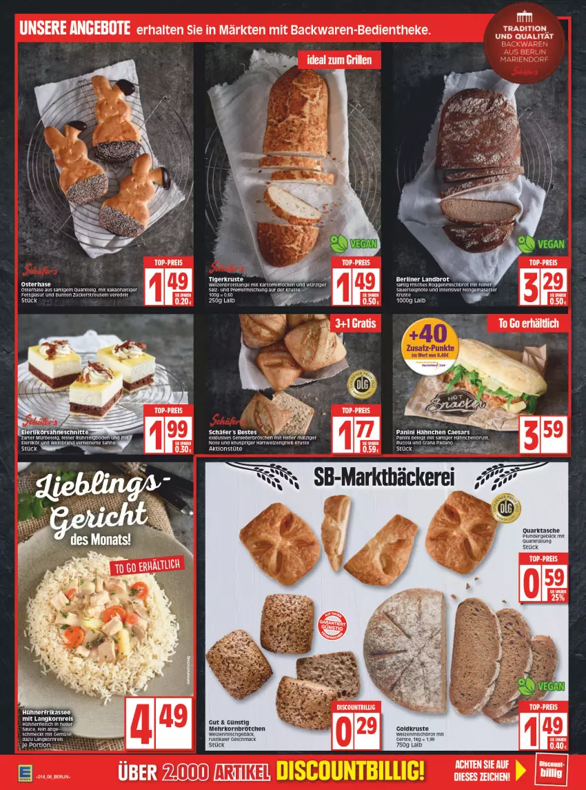 Aktueller Prospekt Edeka - Angebote der Woche - von 04.04 bis 09.04.2022 - strona 8 - produkty: auer, backwaren, berliner, brot, brötchen, cola, eis, grana, grana padano, hähnchenbrust, hühner, kakao, kartoffel, korn, Langkornreis, LG, mac, malz, mehrkornbrötchen, mit gemüse, nerf, padano, pfeffer, Plunder, quark, Rana, reis, rel, rucola, saft, sahne, salz, sauce, Tasche, Ti, top-preis, Tüte, weizenmischbrot, zucker