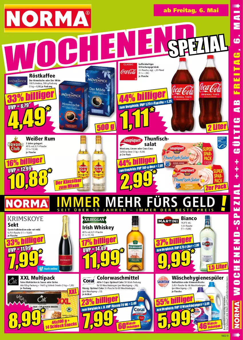 Aktueller Prospekt Norma - Norma - von 02.05 bis 09.05.2022 - strona 15 - produkty: bio, biozidprodukte, Cap, colorwaschmittel, Cous Cous, cuvée, erfrischungsgetränk, fisch, flasche, gelee, getränk, hygienespüler, irish whiskey, kaffee, linsen, Rauch, röstkaffee, rum, rwe, salat, sauce, sekt, snack, snacks, thunfisch, Thunfischsalat, Ti, waschmittel, whiskey