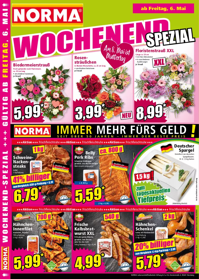 Aktueller Prospekt Norma - Norma - von 02.05 bis 09.05.2022 - strona 16 - produkty: auer, Bau, Bauer, blume, blumen, braten, bratwurst, deutscher spargel, eier, eis, filet, fleisch, gewürz, grill, hähnchenschenkel, henkel, Kalbsbratwurst, lebensmittel, Nackensteak, nackensteaks, natur, paprika, reis, Ria, rosen, schenkel, schwein, schweine, schweinenacken, spargel, steak, steaks, Ti, tiefpreis, wein, weine, wurst