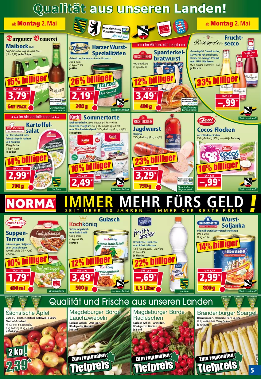 Aktueller Prospekt Norma - Norma - von 02.05 bis 09.05.2022 - strona 5 - produkty: apfel, auer, Becher, beere, Blaubeer, blaubeere, bratwurst, brombeere, burger, cocos, ecco, eis, elle, ente, flasche, fleisch, fleischsalat, frucht, fruchtsecco, Garten, gin, grana, granatapfel, gulasch, Gulaschsuppe, himbeer, himbeere, hühner, Hühnersuppe, jagdwurst, joghur, joghurt, johannisbeere, kartoffel, kartoffelsalat, kirsch, kirsche, kräuter, kräutern, kühlregal, Lauchzwiebel, lauchzwiebeln, leberwurst, mango, Meister, obst, pfirsich, quark, radieschen, Rana, regal, reis, Rotwurst, sac, salat, Schal, Schale, schoko, schwein, schweine, schweinegulasch, spargel, Spezi, suppe, suppen, terrine, Ti, tiefpreis, torte, waldmeister, wein, weine, wurst, würstchen, zwiebel, zwiebeln