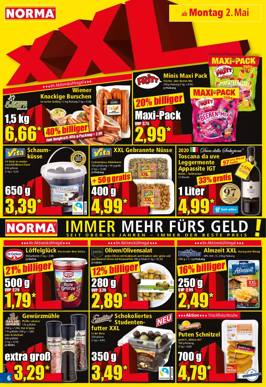 Aktueller Prospekt Norma - Norma - von 02.05 bis 09.05.2022 - strona 6 - produkty: Becher, beere, beeren, Cashew, Egger, eimer, eis, ente, flasche, fleisch, früchte, Germ, gewürz, Gewürzmühle, grüne oliven, grütze, im zarten saitling, Käse, kirsch, knoblauch, kräuter, kräutern, Kristallsalz, kühlregal, Kürbis, kürbiskerne, LG, Löffel, mit knoblauch, nuss, olive, oliven, pfeffer, pute, regal, Rote Grütze, salat, salz, Schal, Schale, schnitzel, schoko, studentenfutter, Ti, wiener, würfel, ZTE