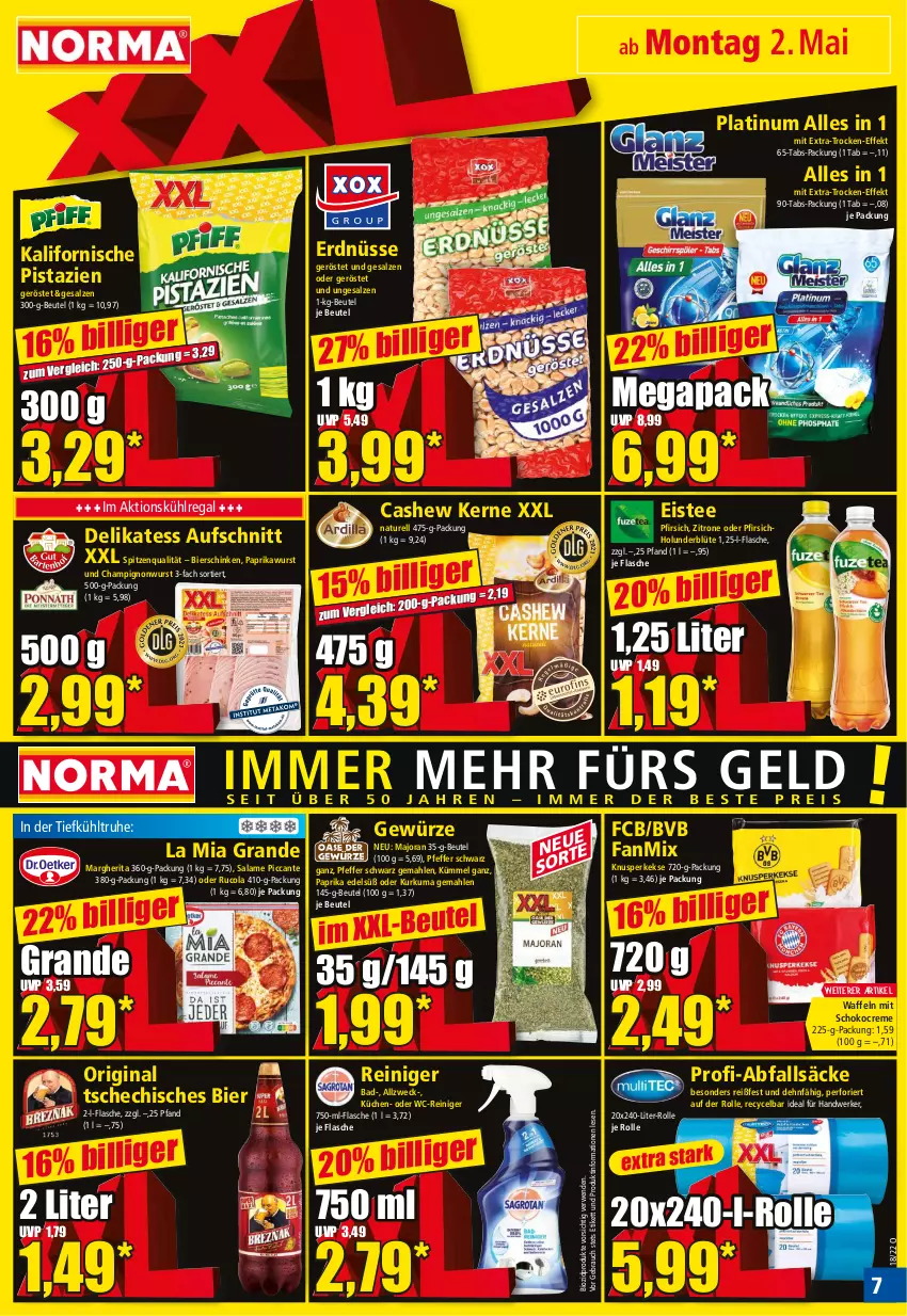 Aktueller Prospekt Norma - Norma - von 02.05 bis 09.05.2022 - strona 7 - produkty: aufschnitt, Bad, beutel, bier, bio, biozidprodukte, Blüte, Cashew, champignon, cola, creme, eis, eistee, erdnüsse, flasche, gewürz, gin, holunder, holunderblüte, keks, kekse, küche, Küchen, kühlregal, margherita, natur, paprika, pfeffer, pfirsich, pistazien, Rauch, regal, reiniger, rel, rucola, rwe, salz, schinken, schoko, spitzenqualität, tee, Ti, waffeln, wc-reiniger, weck, wurst, zitrone