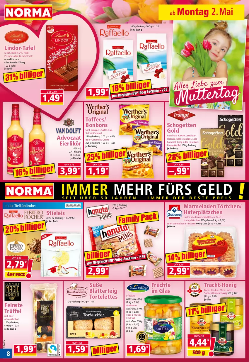 Aktueller Prospekt Norma - Norma - von 02.05 bis 09.05.2022 - strona 8 - produkty: alkohol, aprikose, aprikosen, blätterteig, blume, blumen, bonbons, caramel, cocktail, creme, eier, eierlikör, eis, flasche, frucht, früchte, hafer, haselnuss, honig, kakao, karamell, kokos, Lätzche, likör, lindor, mandel, marmelade, milch, nuss, ohne alkohol, pfirsich, pfirsiche, salz, schogetten, sonnenblume, sonnenblumen, stieleis, Ti, Törtchen, torte, Trüffel