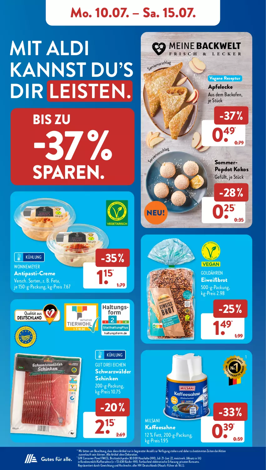 Aktueller Prospekt AldiSud - NÄCHSTE WOCHE - von 10.07 bis 15.07.2023 - strona 10 - produkty: aldi, alle artikel ohne dekoration, antipasti, apfel, asti, backofen, brot, brut, creme, dekoration, eis, Eiweißbrot, Elektro, feta, HP, kaffee, kokos, kondensmilch, Laufen, milch, Ofen, reis, rezept, sahne, schinken, schwarzwälder schinken, Ti, ZTE