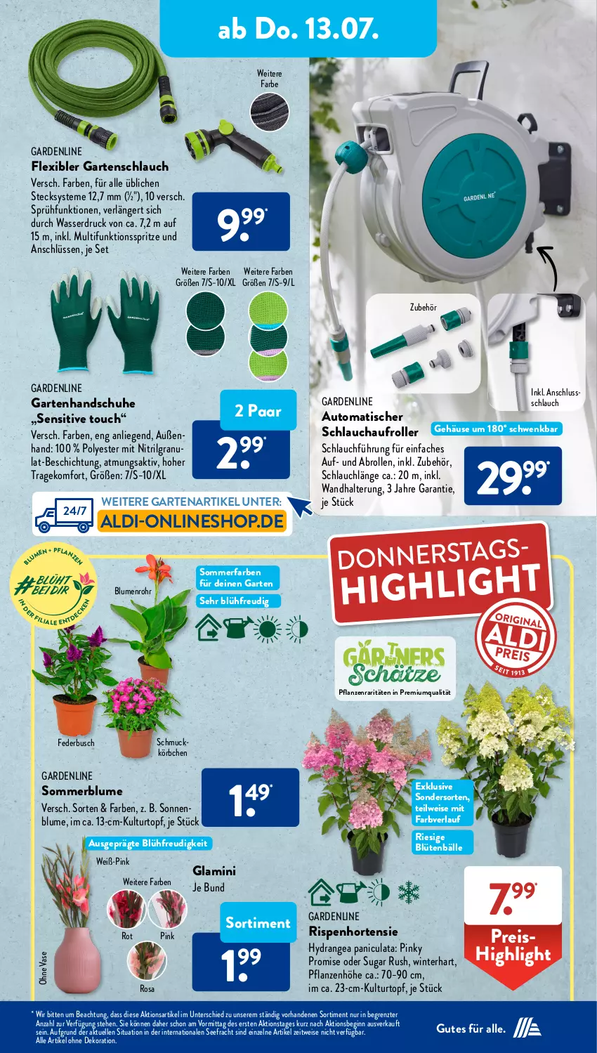 Aktueller Prospekt AldiSud - NÄCHSTE WOCHE - von 10.07 bis 15.07.2023 - strona 24 - produkty: aldi, alle artikel ohne dekoration, auto, blume, blumen, Blüte, dekoration, eis, elle, Garten, gartenschlauch, gin, handschuhe, hortensie, hydrangea, Hydrangea paniculata, Körbchen, kulturtopf, LG, Liege, pflanze, pflanzen, reis, Roller, schlauch, Schmuck, schuhe, sonnenblume, Ti, tisch, topf, Vase, wandhalterung, wasser, ZTE