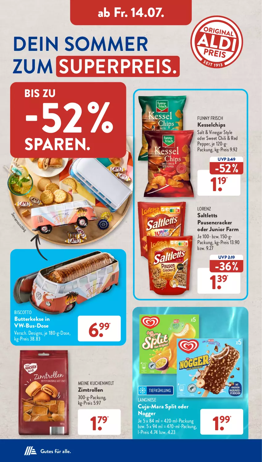 Aktueller Prospekt AldiSud - NÄCHSTE WOCHE - von 10.07 bis 15.07.2023 - strona 29 - produkty: biscotto, butter, butterkeks, chili, chips, cracker, eis, Funny Frisch, keks, kekse, kuchen, langnese, lorenz, nogger, reis, saltletts, Ti