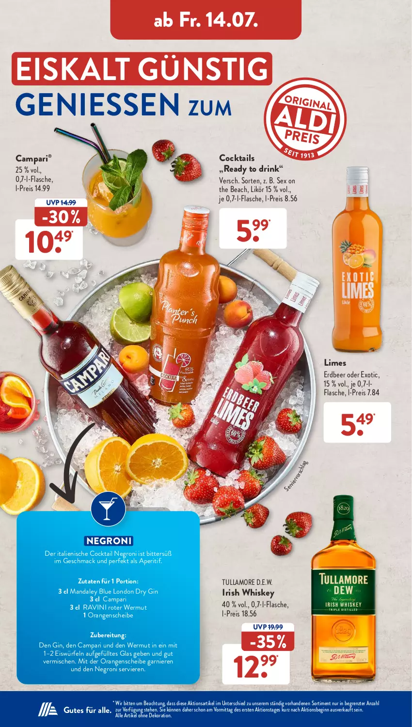 Aktueller Prospekt AldiSud - NÄCHSTE WOCHE - von 10.07 bis 15.07.2023 - strona 31 - produkty: alle artikel ohne dekoration, aperitif, campari, cocktail, cocktails, dekoration, drink, dry gin, eis, eiswürfel, flasche, garnier, gin, irish whiskey, likör, london dry, london dry gin, mac, orange, orangen, reis, Ti, tullamore, whiskey, würfel, ZTE