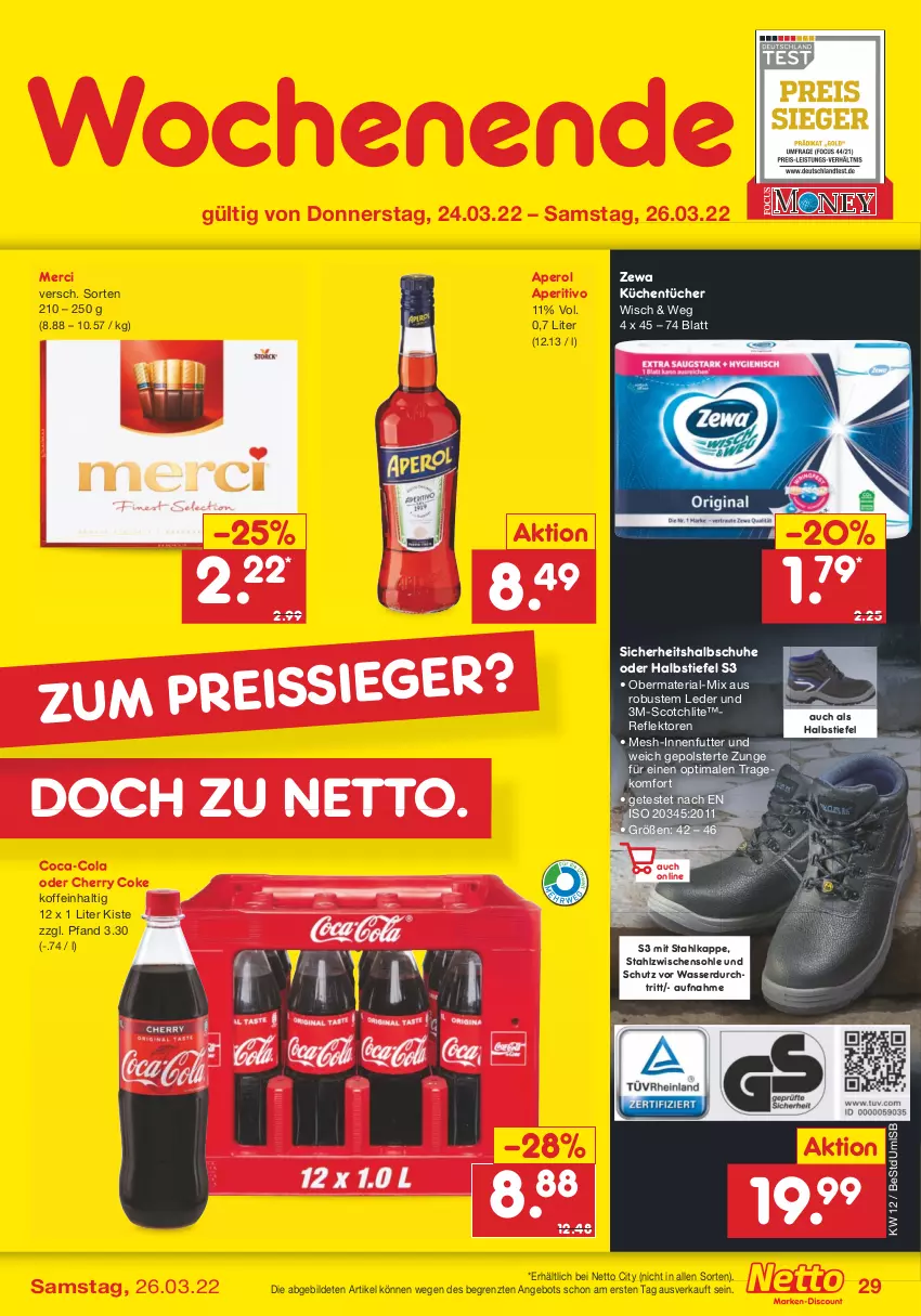 Aktueller Prospekt Netto Marken-Discount - Filial-Angebote - von 21.03 bis 26.03.2022 - strona 29 - produkty: angebot, aperol, coca-cola, cola, küche, Küchen, küchentücher, merci, Ria, schuhe, scotch, Ti, tücher, wasser, zewa, ZTE