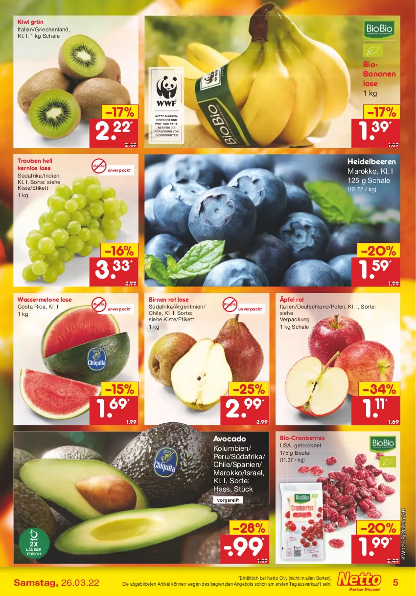 Aktueller Prospekt Netto Marken-Discount - Filial-Angebote - von 21.03 bis 26.03.2022 - strona 5 - produkty: angebot, asti, avocado, banane, bananen, beere, beeren, beutel, bio, Birnen, cranberries, discount, heidelbeere, heidelbeeren, kiwi, melone, Schal, Schale, Ti, trauben, wasser, wassermelone, ZTE