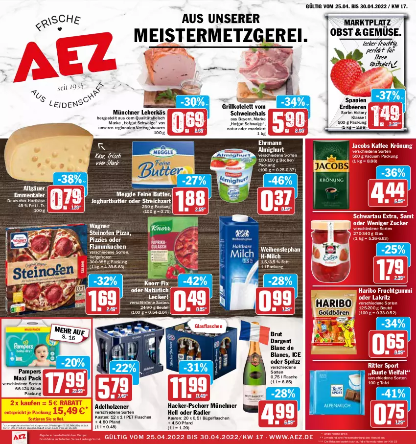 Aktueller Prospekt Aez - Prospekte - von 25.04 bis 30.04.2022 - strona 1 - produkty: adelholzener, AEZ, almighur, almighurt, auer, Bau, Bauer, Becher, beere, beeren, beutel, brut, brut dargent, bügel, bügelflasche, butter, coupon, de blancs, ehrmann, ehrmann almighurt, eis, elle, emmentaler, erdbeere, erdbeeren, flammkuchen, flasche, fleisch, frucht, fruchtgummi, glasflasche, grill, grillkotelett, haribo, hartkäse, hofgut, Holz, jacobs, joghur, joghurt, kaffee, Käse, knorr, knorr fix, kotelett, kuchen, Lakritz, lamm, leberkäs, LG, meggle, Meister, milch, natur, obst, oder lakritz, oder radler, Ofen, pampers, pizza, radler, reis, rel, ritter, ritter sport, salat, Schwartau, schwein, schweine, Sport, Sprizz, steinofen, steinofen pizza, Streichzart, teller, Ti, Tiere, wagner, weihenstephan, wein, weine, zucker