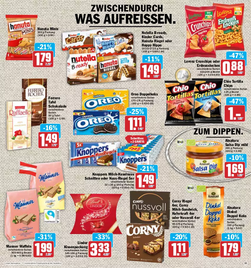 Aktueller Prospekt Aez - Prospekte - von 25.04 bis 30.04.2022 - strona 11 - produkty: beutel, chips, corny, crunchips, dip, eis, elle, erdnuss, ferrero, hafer, hanuta, haselnuss, hipp, keks, Kinder, kissen, knoppers, kraft, lindor, lorenz, lorenz crunchips, Manner, milch, natur, natura, nuss, nutella, oreo, reis, reiss, riegel, Salsa, sandwich, schnitten, schoko, schokolade, teller, Ti, tortilla, Tortilla Chips, waffeln