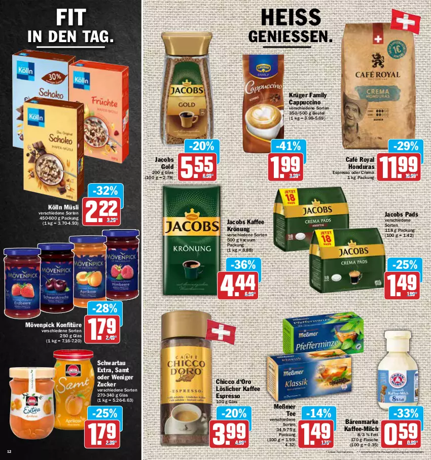 Aktueller Prospekt Aez - Prospekte - von 25.04 bis 30.04.2022 - strona 12 - produkty: bärenmarke, beutel, café royal, Cap, cappuccino, cin, eis, elle, espresso, espresso oder, flasche, jacobs, Jacobs Gold, kaffee, kölln, konfitüre, krüger, löslicher kaffee, Meßmer, milch, mövenpick, müsli, reis, Schwartau, tee, teller, zucker