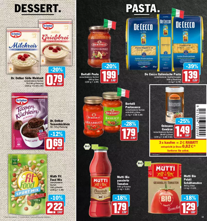 Aktueller Prospekt Aez - Prospekte - von 25.04 bis 30.04.2022 - strona 13 - produkty: bertolli, beutel, bio, coupon, De Cecco, dessert, Dr. Oetker, ecco, eis, elle, flasche, gewürz, italienische pasta, Mutti, pasta, pesto, reis, sauce, tasse, teller, Ti, Tiere, tomate, tomaten