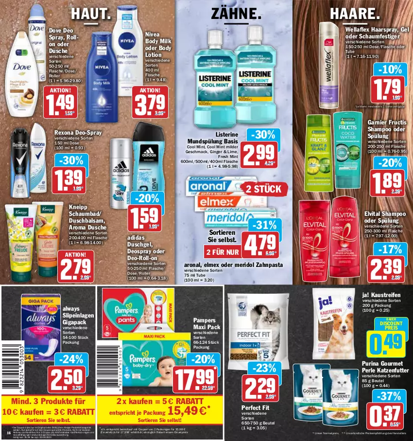 Aktueller Prospekt Aez - Prospekte - von 25.04 bis 30.04.2022 - strona 16 - produkty: Adidas, Alwa, Always, auer, aust, Bad, balsam, beutel, body, body lotion, body milk, coupon, deo, deo spray, deospray, discount, dove, dusche, duschgel, eis, elle, elmex, elvital, erde, flasche, fructis, garnier, gin, ginger, haarspray, katzenfutter, Kaustreifen, kneipp, listerine, Lotion, mac, meridol, mint, mundspülung, nivea, oder schaumfestiger, pampers, pasta, Perfect Fit, purina, reifen, reis, rexona, roll-on, Roller, schaumbad, schaumfestiger, shampoo, shampoo oder spülung, slip, slipeinlagen, spülung, teller, Ti, Tiere, vita, Wella, wellaflex, zahnpasta