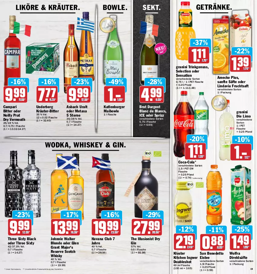 Aktueller Prospekt Aez - Prospekte - von 25.04 bis 30.04.2022 - strona 19 - produkty: amecke, asbach uralt, bowle, brut, brut dargent, burger, campari, coca-cola, cola, de blancs, dry gin, eis, eistee, elle, flasche, frucht, fruchtsaft, getränk, getränke, gin, Glen Grant, granini, granini die limo, Havana Club, ingwer, johnnie walker, katlenburger, kräuter, lack, likör, limo, Metaxa, nuss, reis, saft, säfte, scotch, scotch whisky, sekt, Sprizz, tee, teller, Three Sixty, Ti, underberg, Vermouth, whiskey, whisky, wodka