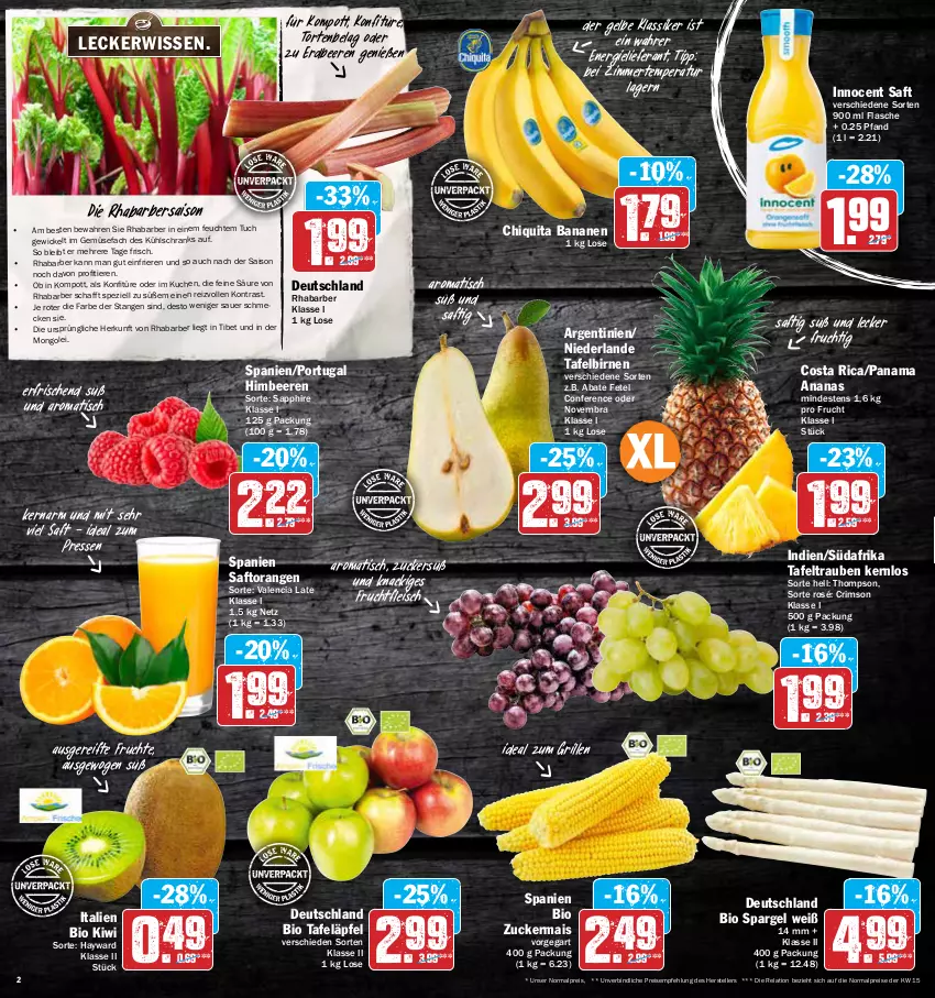 Aktueller Prospekt Aez - Prospekte - von 25.04 bis 30.04.2022 - strona 2 - produkty: ananas, auer, banane, bananen, beere, beeren, bio, Birnen, chiquita, eis, elle, erdbeere, erdbeeren, flasche, fleisch, frucht, früchte, fruchtfleisch, grill, himbeer, himbeere, himbeeren, ideal zum grillen, Innocent, kiwi, konfitüre, kuchen, kühlschrank, mais, orange, orangen, reis, rel, rhabarber, saft, Saftorangen, sapphire, Schrank, spargel, Spezi, tafeläpfel, tafelbirnen, tafeltrauben, teller, Ti, Tiere, tisch, torte, trauben, tuc, WICK, zucker, zuckermais