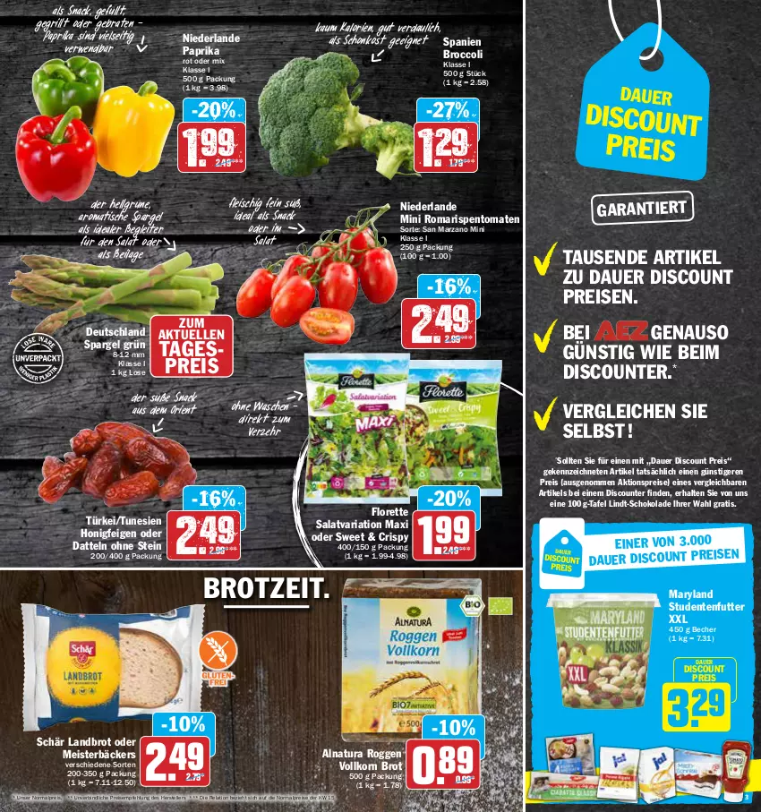 Aktueller Prospekt Aez - Prospekte - von 25.04 bis 30.04.2022 - strona 3 - produkty: aktionspreis, auer, Becher, braten, broccoli, brot, Datteln, discount, eis, elle, ente, Feigen, fleisch, florette, grill, honig, ilag, korn, LG, lindt, Meister, natur, natura, paprika, reis, rel, Ria, rispentomaten, rwe, salat, schoko, schokolade, snack, spargel, spargel grün, studentenfutter, teller, Ti, tisch, tomate, tomaten