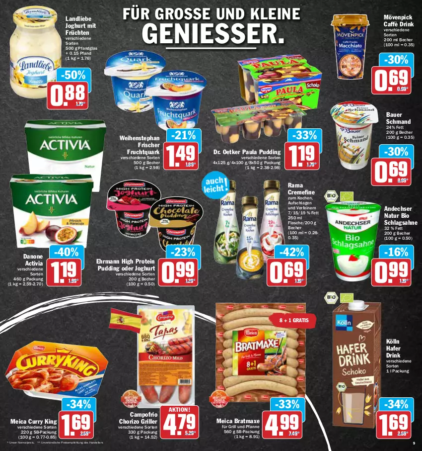 Aktueller Prospekt Aez - Prospekte - von 25.04 bis 30.04.2022 - strona 9 - produkty: activia, andechser natur, auer, axe, Bau, Bauer, Becher, bio, bratmaxe, campofrio, chorizo, creme, curry, danone, danone activia, Dr. Oetker, drink, ehrmann, eis, elle, flasche, frucht, früchte, früchten, Fruchtquark, für grill und pfanne, grill, grill und pfanne, hafer, joghur, joghurt, kölln, landliebe, landliebe joghurt, leine, meica, mövenpick, natur, Paula, paula pudding, pfanne, pudding, quark, rama, rama cremefine, reis, sahne, schlagsahne, schmand, teller, Ti, und pfanne, weihenstephan