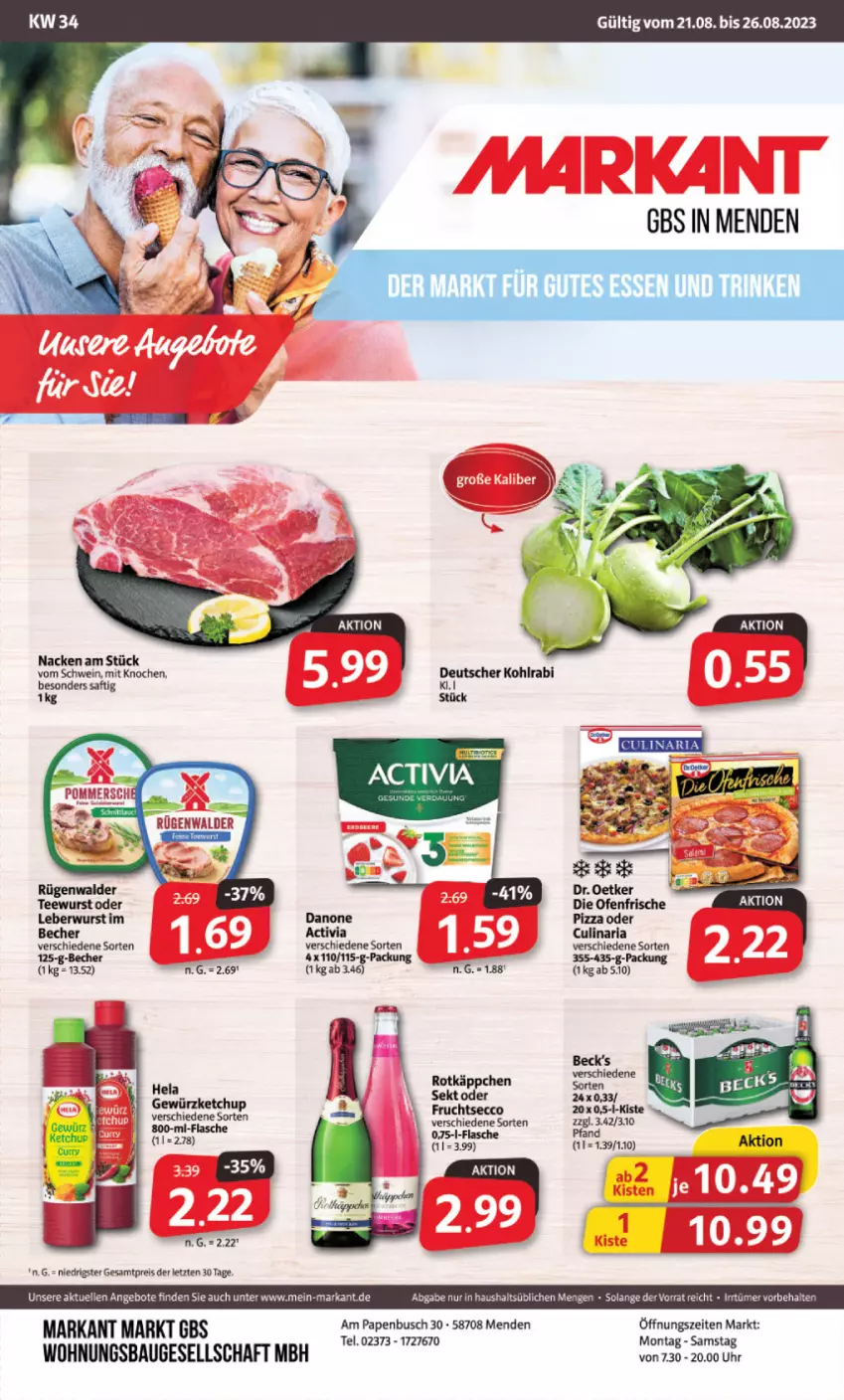 Aktueller Prospekt Markant - Prospekte - von 21.08 bis 26.08.2023 - strona 1 - produkty: aeg, angebot, angebote, Bau, Becher, beck's, eis, elle, gewürz, gewürzketchup, Hela, ketchup, leberwurst, reis, rotkäppchen, saft, schwein, tee, teewurst, Ti, uhr, wein, wurst, ZTE