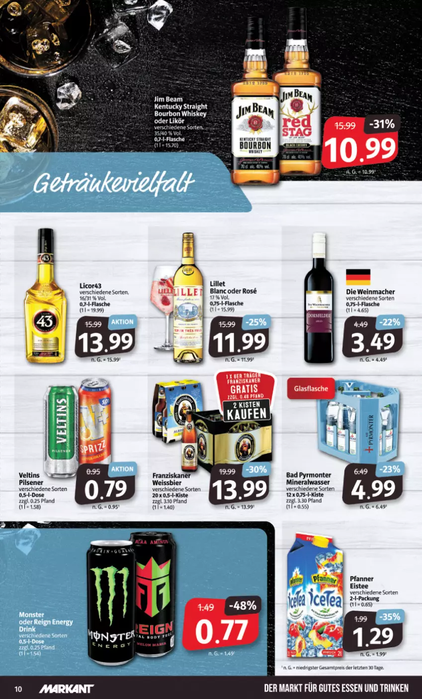 Aktueller Prospekt Markant - Prospekte - von 21.08 bis 26.08.2023 - strona 10 - produkty: Alwa, Bad, bier, bourbon, bourbon whiskey, eis, eistee, flasche, franziskaner, jim beam, kentucky straight, licor, lillet, mac, mineralwasser, monte, pfanne, Pfanner, pils, pilsener, reis, tee, Ti, tuc, veltins, wasser, wein, weissbier, whiskey, ZTE