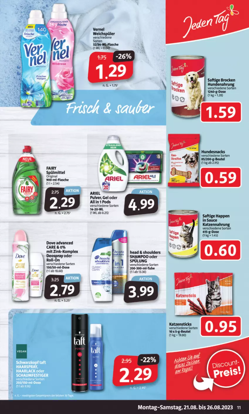 Aktueller Prospekt Markant - Prospekte - von 21.08 bis 26.08.2023 - strona 11 - produkty: ariel, beutel, Brock, deo, deospray, dove, fairy, flasche, gin, Heu, hundesnack, hundesnacks, katzennahrung, Pods, reifen, roll-on, saft, sauce, shampoo, snack, snacks, spülmittel, Ti, vernel, weichspüler