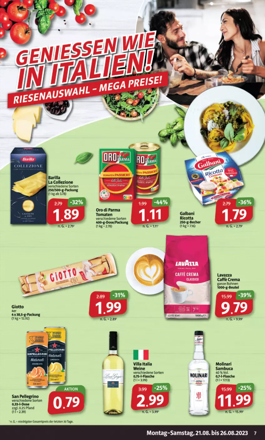 Aktueller Prospekt Markant - Prospekte - von 21.08 bis 26.08.2023 - strona 7 - produkty: Becher, beutel, bohne, bohnen, eis, elle, flasche, giotto, lavazza, Molinari, oro di parma, reis, sambuca, san pellegrino, tomate, tomaten, wein, weine, ZTE