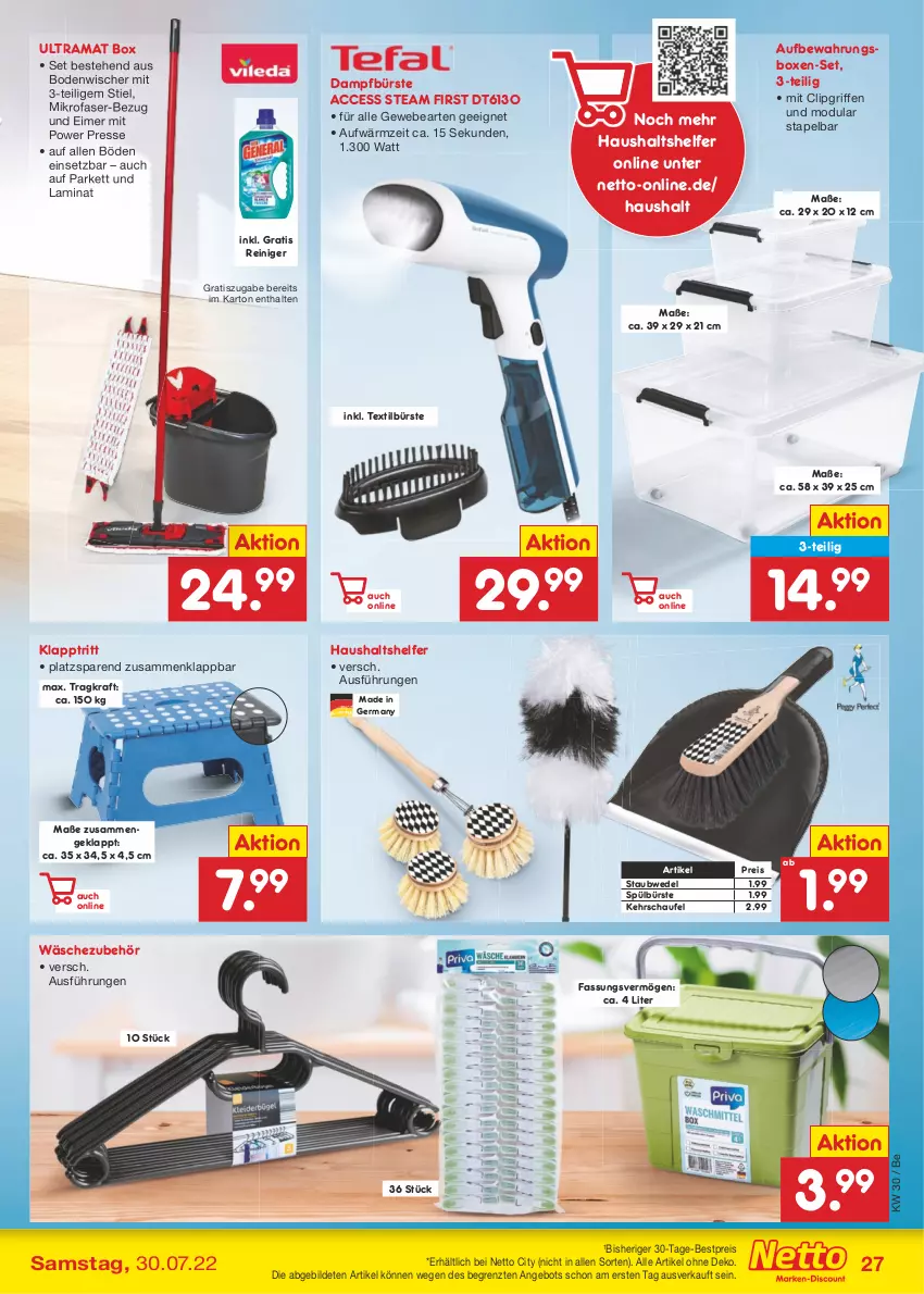 Aktueller Prospekt Netto Marken-Discount - Filial-Angebote - von 25.07 bis 30.07.2022 - strona 27 - produkty: ACC, angebot, aufbewahrungsbox, bestpreis, bodenwischer, bürste, eimer, eis, Germ, klapptritt, kraft, laminat, mikrofaser, rama, reiniger, reis, staubwedel, Ti, wedel, ZTE