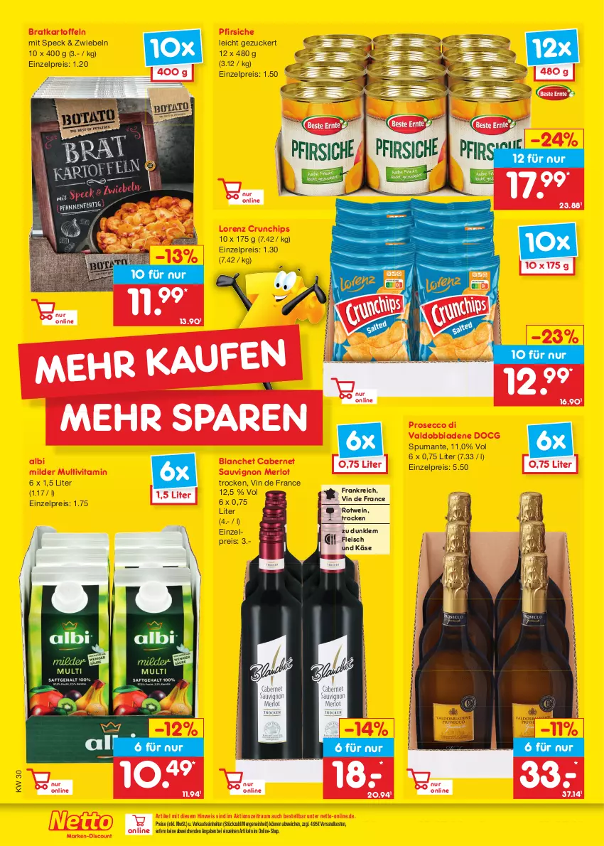 Aktueller Prospekt Netto Marken-Discount - Filial-Angebote - von 25.07 bis 30.07.2022 - strona 46 - produkty: cabernet, cabernet sauvignon, chips, crunchips, ecco, eis, fleisch, kartoffel, kartoffeln, Käse, lorenz, lorenz crunchips, merl, merlot, ndk, pfirsich, pfirsiche, prosecco, puma, reis, rotwein, sauvignon, Speck, spumante, Ti, valdo, vin de france, vita, wein, zucker, zwiebel, zwiebeln