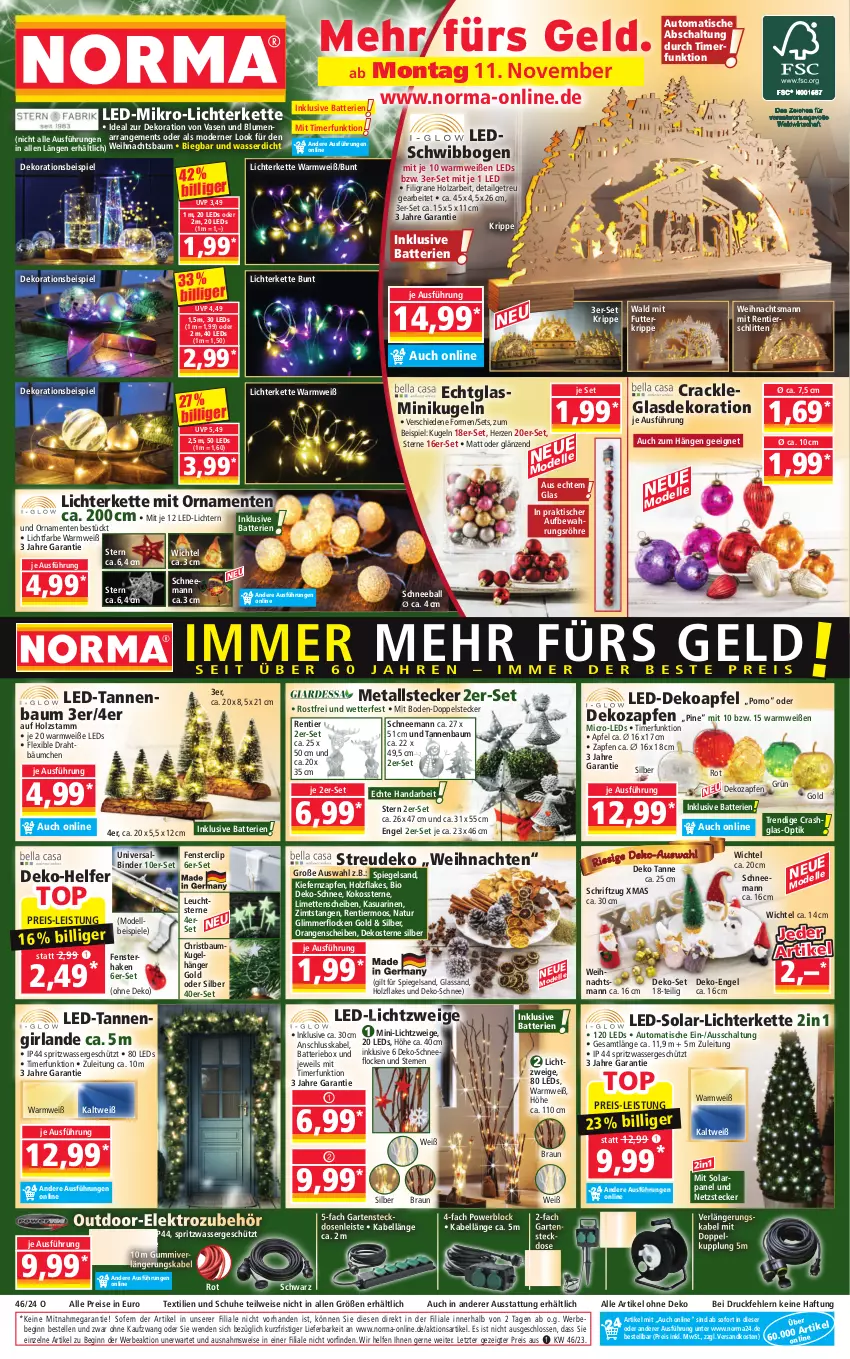 Aktueller Prospekt Norma - Norma - von 11.11 bis 18.11.2024 - strona 1 - produkty: apfel, auto, ball, batterie, batterien, Bau, Baumkugel, Bebe, bio, blume, blumen, braun, Dekoapfel, dekoration, Dekostern, dell, Draht, eis, Elektro, elle, Engel, ente, fenster, Fensterhaken, flakes, Garten, gin, Girlande, Holz, Kette, kokos, Kugel, led-licht, leds, LG, lichterkette, limette, limetten, Mett, metten, Mode, natur, ndk, orange, orangen, reis, Schal, Schlitten, Schriftzug, schuhe, spiegel, Spiele, steckdose, Steckdosenleiste, Tannenbaum, Tannengirlande, Ti, timer, tisch, trommel, Vase, wasser, weihnachten, Weihnachtsbaum, Wichtel, xmas, ZTE