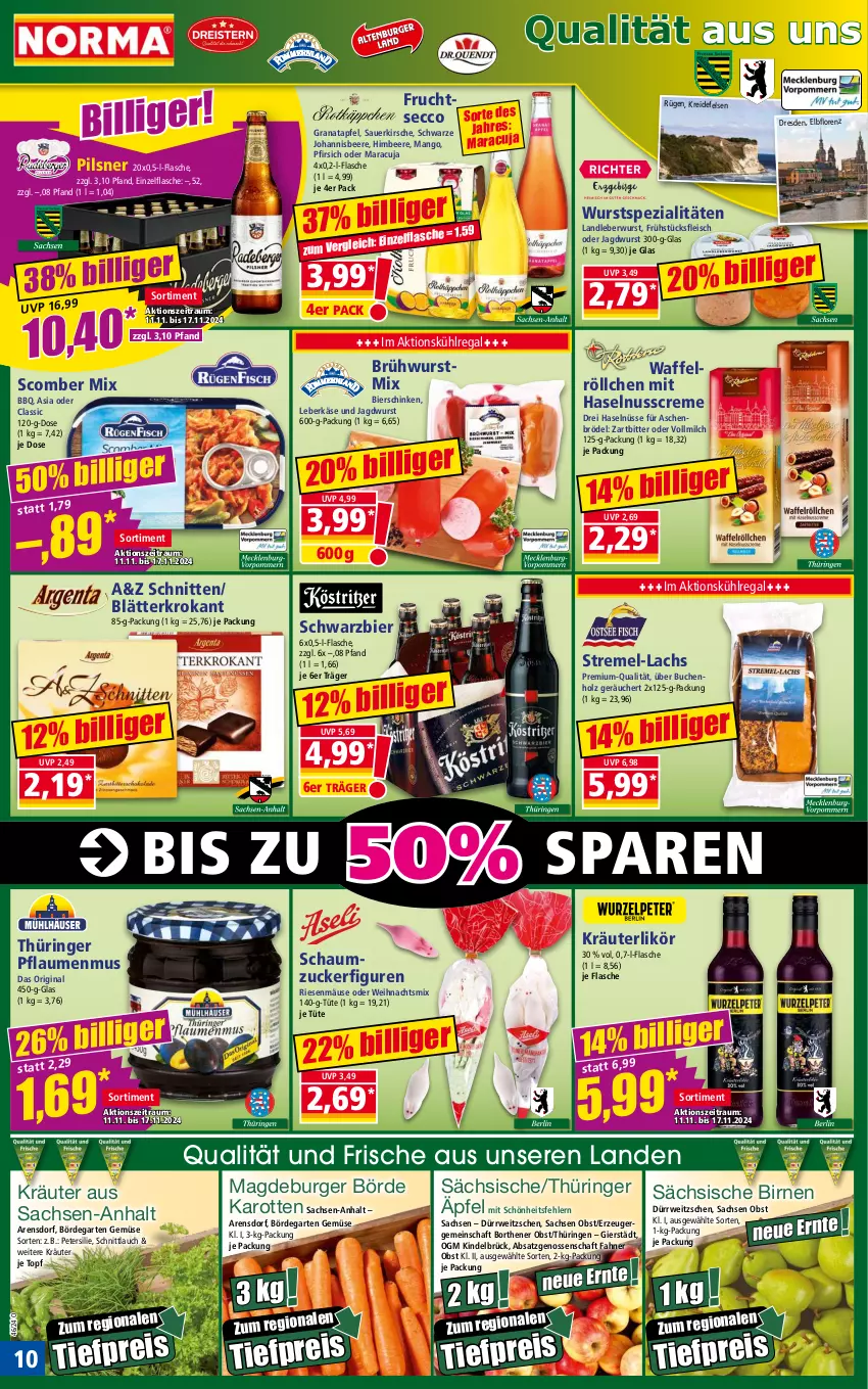 Aktueller Prospekt Norma - Norma - von 11.11 bis 18.11.2024 - strona 10 - produkty: apfel, auer, beere, bier, bierschinken, Birnen, Brühwurst, buch, burger, creme, ecco, eis, flasche, fleisch, frucht, fruchtsecco, frühstücksfleisch, Garten, gin, grana, granatapfel, haselnuss, Haselnusscreme, himbeer, himbeere, Holz, jagdwurst, johannisbeere, karotten, Käse, kirsch, kirsche, kräuter, kräuterlikör, Kreide, kühlregal, lachs, landleberwurst, leberkäs, leberkäse, leberwurst, LG, likör, lorenz, mango, maracuja, milch, nuss, obst, petersilie, pfirsich, pflaume, pflaumen, pflaumenmus, pils, pilsner, Rana, regal, reis, ring, rwe, sac, Schaumzucker, schinken, schnitten, schnittlauch, Spezi, Ti, tiefpreis, topf, Tüte, vollmilch, Waffelröllchen, wurst, zucker