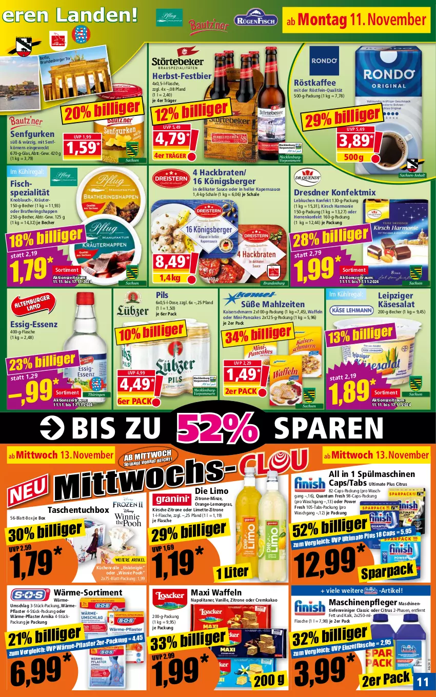 Aktueller Prospekt Norma - Norma - von 11.11 bis 18.11.2024 - strona 11 - produkty: Becher, Berger, bier, braten, Cap, citrus, eis, Eiskönigin, elle, essig, fisch, flasche, gin, gurke, gurken, hering, Herings, Heringshappen, kaffee, Kaiser, Kaiserschmarrn, kakao, Käse, kirsch, kirsche, knoblauch, kräuter, küche, Küchen, kuchen, küchenrolle, kühlregal, Lebkuchen, limette, limo, Maschinenpfleger, Mett, minze, orange, pflaster, pils, regal, reiniger, ring, röstkaffee, salat, sauce, Schal, Schale, senf, Spezi, spülmaschinen, Tasche, taschen, Ti, tuc, vanille, waffeln, weck, zitrone