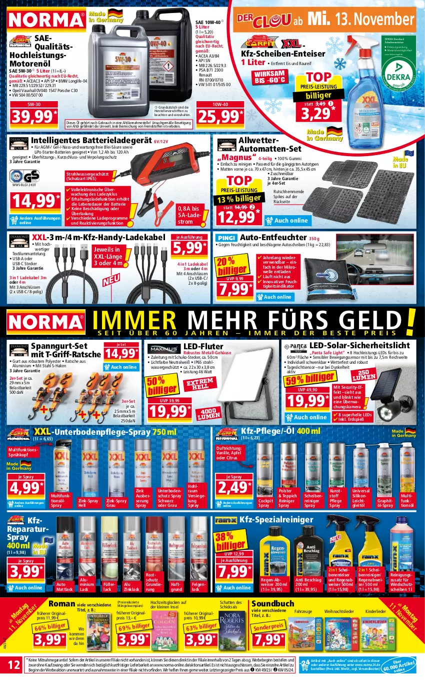 Aktueller Prospekt Norma - Norma - von 11.11 bis 18.11.2024 - strona 12 - produkty: apfel, auer, auto, batterie, batterien, Bebe, Bewegungssensor, buch, citrus, deka, eis, Elan, Elektro, elle, ente, felgen, gin, Handy, Intel, Intelligentes Batterieladegerät, kamera, Kinder, lack, ladegerät, ladekabel, LED-Fluter, leds, leine, LG, longlife, Mantel, mikrowelle, motorenöl, ndk, Rauch, reiniger, Reinigung, reis, rel, rwe, sac, Scheibenreiniger, Soundbuch, Spezi, teller, teppich, Ti, usb, vanille, wasser, Windschutz, ZTE