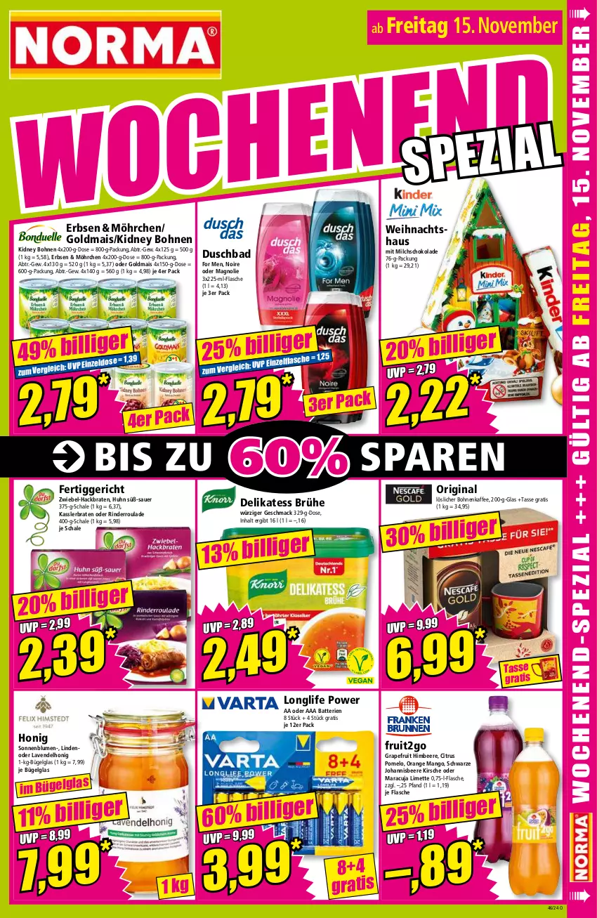 Aktueller Prospekt Norma - Norma - von 11.11 bis 18.11.2024 - strona 15 - produkty: auer, Bad, batterie, batterien, beere, blume, blumen, bohne, bohnen, bohnenkaffee, braten, Brühe, bügel, citrus, duschbad, erbsen, fertiggericht, flasche, gin, Goldmais, grapefruit, himbeer, himbeere, honig, johannisbeere, kaffee, kidney, kidney bohnen, kirsch, kirsche, lavendel, LG, limette, longlife, löslicher bohnenkaffee, mac, mais, mango, maracuja, Mett, milch, orange, Pomelo, rind, rinder, Rinderroulade, Schal, Schale, schoko, schokolade, sonnenblume, sonnenblumen, tasse, Ti, zwiebel