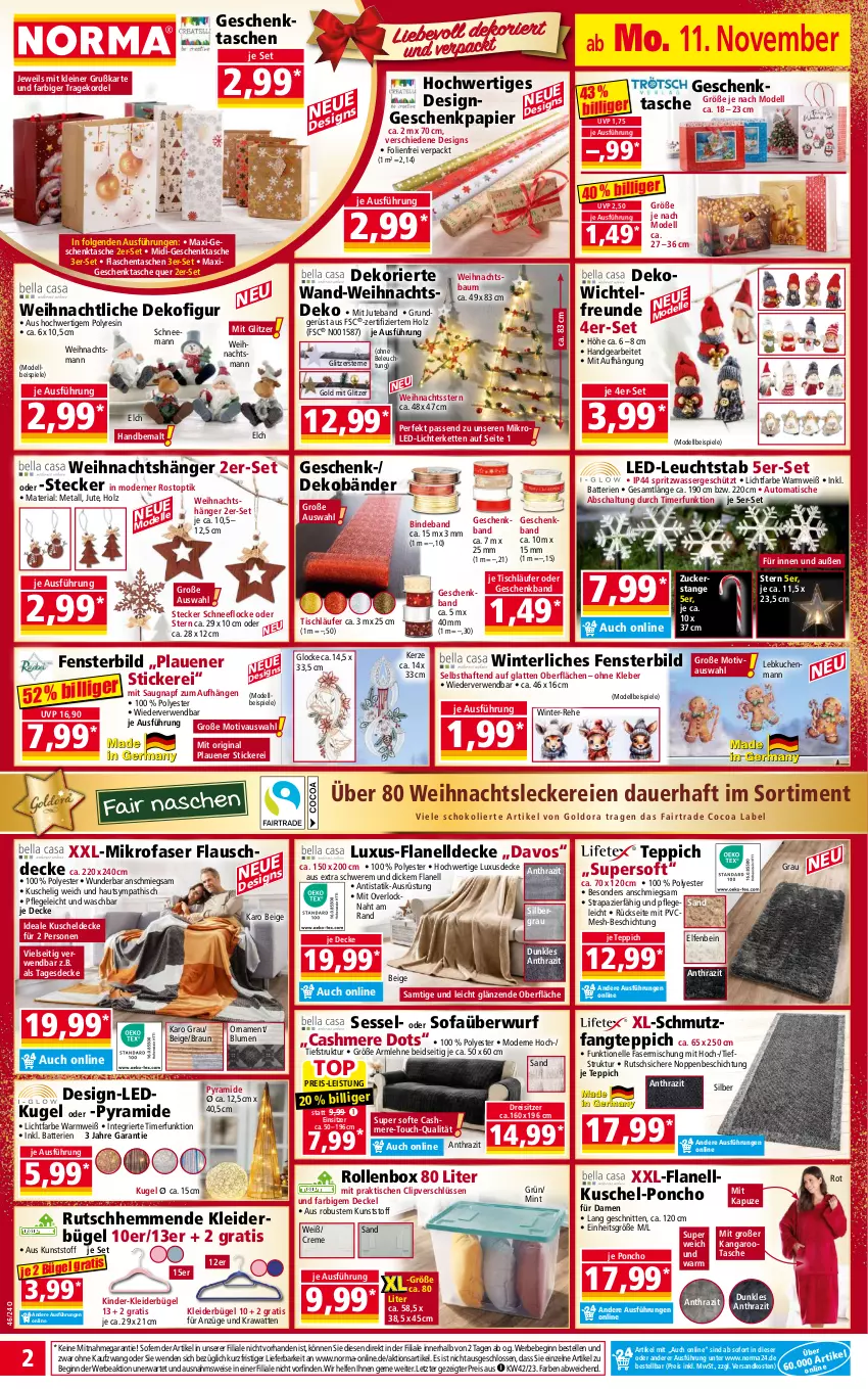 Aktueller Prospekt Norma - Norma - von 11.11 bis 18.11.2024 - strona 2 - produkty: auer, auto, batterie, batterien, Bau, Bebe, blume, blumen, braun, bügel, cashmere, creme, decke, Deckel, Dekofigur, dell, eis, elle, fenster, flasche, Geschenkpapier, Geschenktasche, gin, Holz, kerze, Kette, Kinder, kleber, kleid, kleider, kleiderbügel, kuchen, Kugel, kuscheldecke, latte, Läufer, Lebkuchen, led-licht, leine, LG, lichterkette, mikrofaser, mint, Mode, ndk, papier, reis, Ria, Rollenbox, rwe, Schal, schnitten, sessel, Sofa, Sofaüberwurf, Spiele, tagesdecke, Tasche, taschen, teppich, Ti, timer, tisch, tischläufer, wasser, Weihnachtsbaum, Weihnachtsstern, Wichtel, ZTE, zucker