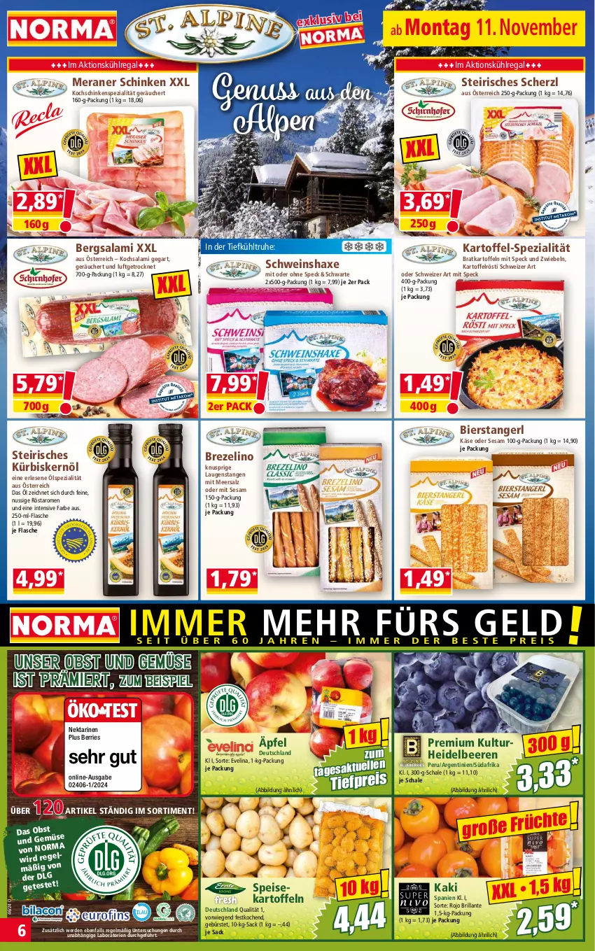 Aktueller Prospekt Norma - Norma - von 11.11 bis 18.11.2024 - strona 6 - produkty: axe, beere, beeren, bier, brezel, bürste, eis, elle, erde, flasche, Haxe, Kaki, kartoffel, kartoffeln, Käse, kochschinken, kühlregal, Kürbis, Kürbiskernöl, Laugenstange, LG, meersalz, Nektar, nektarinen, nuss, obst, Obst und Gemüse, regal, reis, sac, salami, salz, Schal, Schale, schinken, schwein, sesam, Speck, speisekartoffeln, Spezi, Ti, tiefpreis, und gemüse, wein, zwiebel, zwiebeln