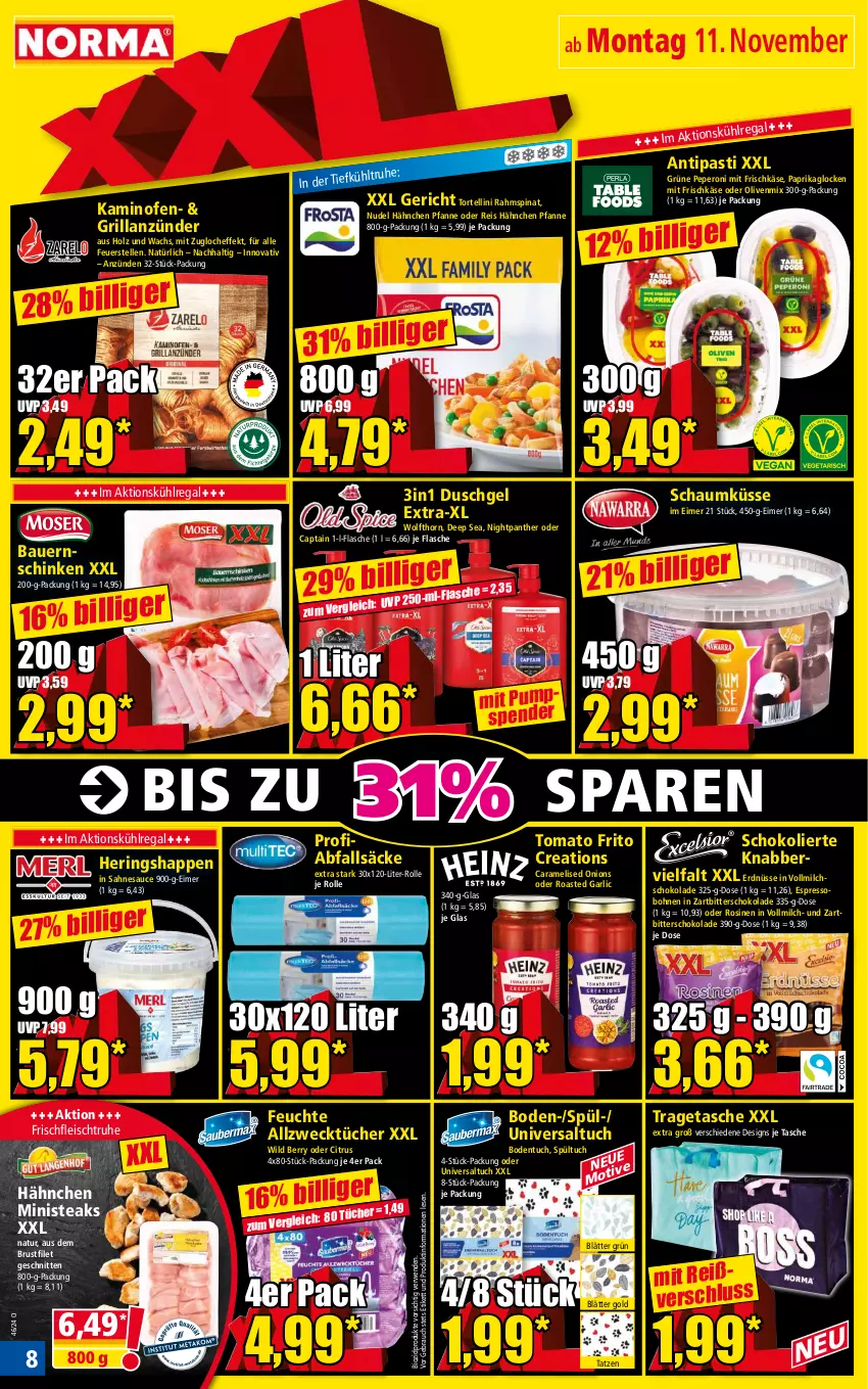 Aktueller Prospekt Norma - Norma - von 11.11 bis 18.11.2024 - strona 8 - produkty: Allzwecktücher, antipasti, anzünder, asti, auer, Bau, Bauer, Bauernschinken, bio, biozidprodukte, bohne, bohnen, brustfilet, Cap, caramel, citrus, duschgel, eimer, eis, elle, erdnüsse, espresso, filet, flasche, fleisch, frischkäse, grill, grillanzünder, hering, Herings, Heringshappen, Holz, Kamin, Kaminofen, Käse, kühlregal, milch, natur, nudel, Ofen, olive, oliven, paprika, peperoni, Peroni, pfanne, Rauch, regal, reis, ring, rwe, sahne, sauce, schinken, schnitten, schoko, schokolade, spinat, steak, steaks, Tasche, Ti, torte, tortellini, tragetasche, tuc, tücher, vollmilch, weck, Wild, wild berry, Zartbitterschokolade