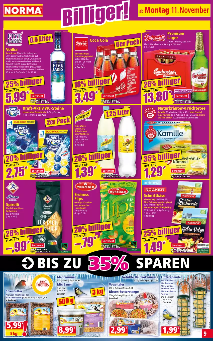 Aktueller Prospekt Norma - Norma - von 11.11 bis 18.11.2024 - strona 9 - produkty: beutel, bitter lemon, burger, cola, eimer, eis, Elan, erdnuss, erdnüsse, erfrischungsgetränk, fenchel, flasche, früchte, Früchtetee, getränk, gin, ginger, ginger ale, hartweizen, Hela, HP, Kamill, kamille, Käse, Knödel, kokos, kraft, kräuter, kühlregal, mehl, Meisenknödel, natur, nuss, regal, rel, rwe, sac, schnittkäse, sekt, Streufutter, tee, Ti, tonic, tonic water, urtyp, vodka, wasser, WC-Steine, weck, Wild, wild berry