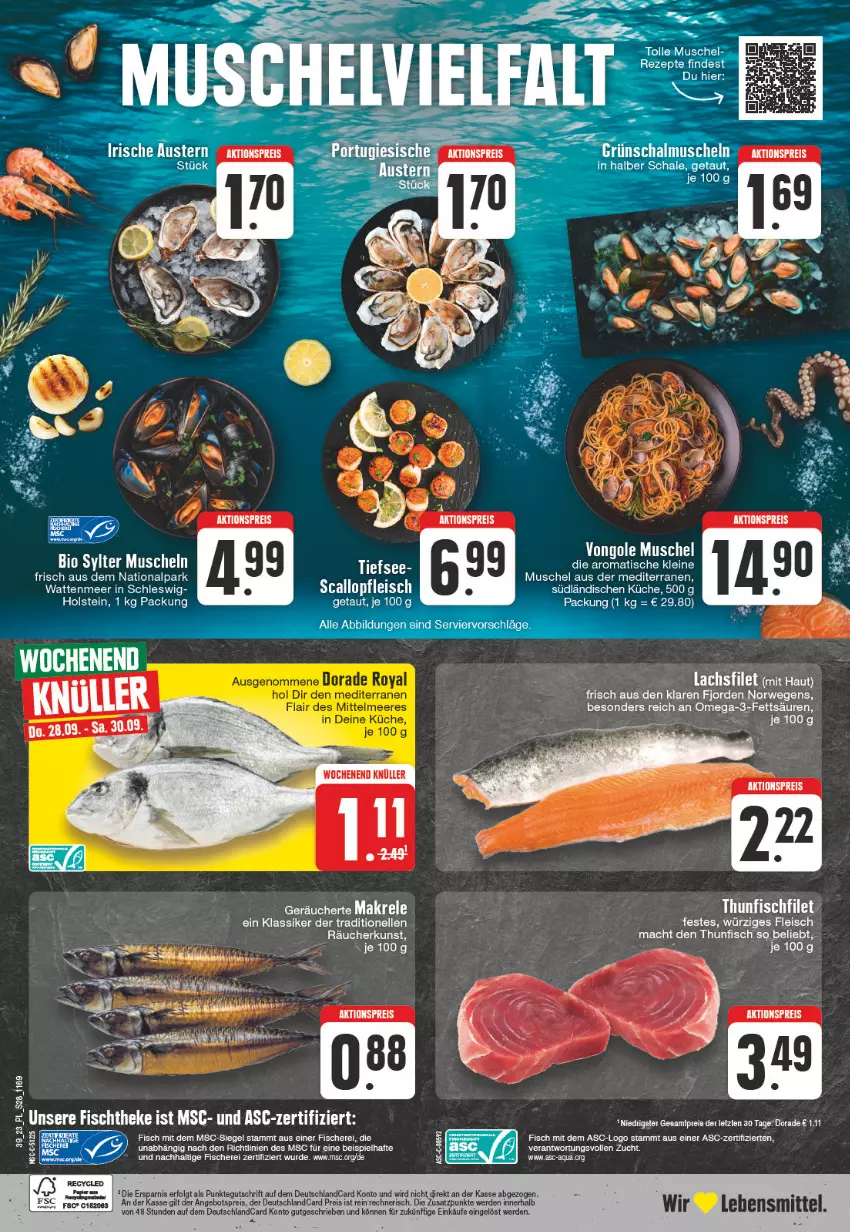 Aktueller Prospekt E Center - Angebote der Woche - von 25.09 bis 30.09.2023 - strona 28 - produkty: aktionspreis, angebot, angebotspreis, bio, deutschlandcard, Dorade, dorade royal, eis, elle, erde, filet, fisch, fische, Fischer, fleisch, küche, lachs, lachsfilet, lebensmittel, leine, LG, mac, Makrele, Muscheln, omega, Omega-3, reis, rel, rwe, Schere, Sylter, thunfisch, Ti, tisch