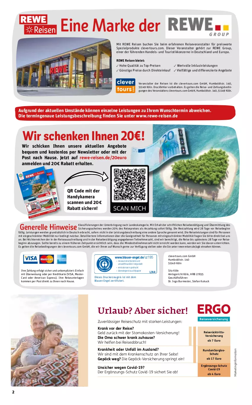 Aktueller Prospekt Rewe Reisen - Reiseprospekt - von 29.09 bis 27.10.2023 - strona 2 - produkty: alpro, angebot, angebote, auer, brie, buch, drucker, eier, eis, elle, Engel, erde, gin, Handy, inklusivleistungen, kamera, kerze, LG, mastercard, papier, reis, reiseveranstalter, rel, ring, Spezi, Ti, tisch, top-preis, uhr