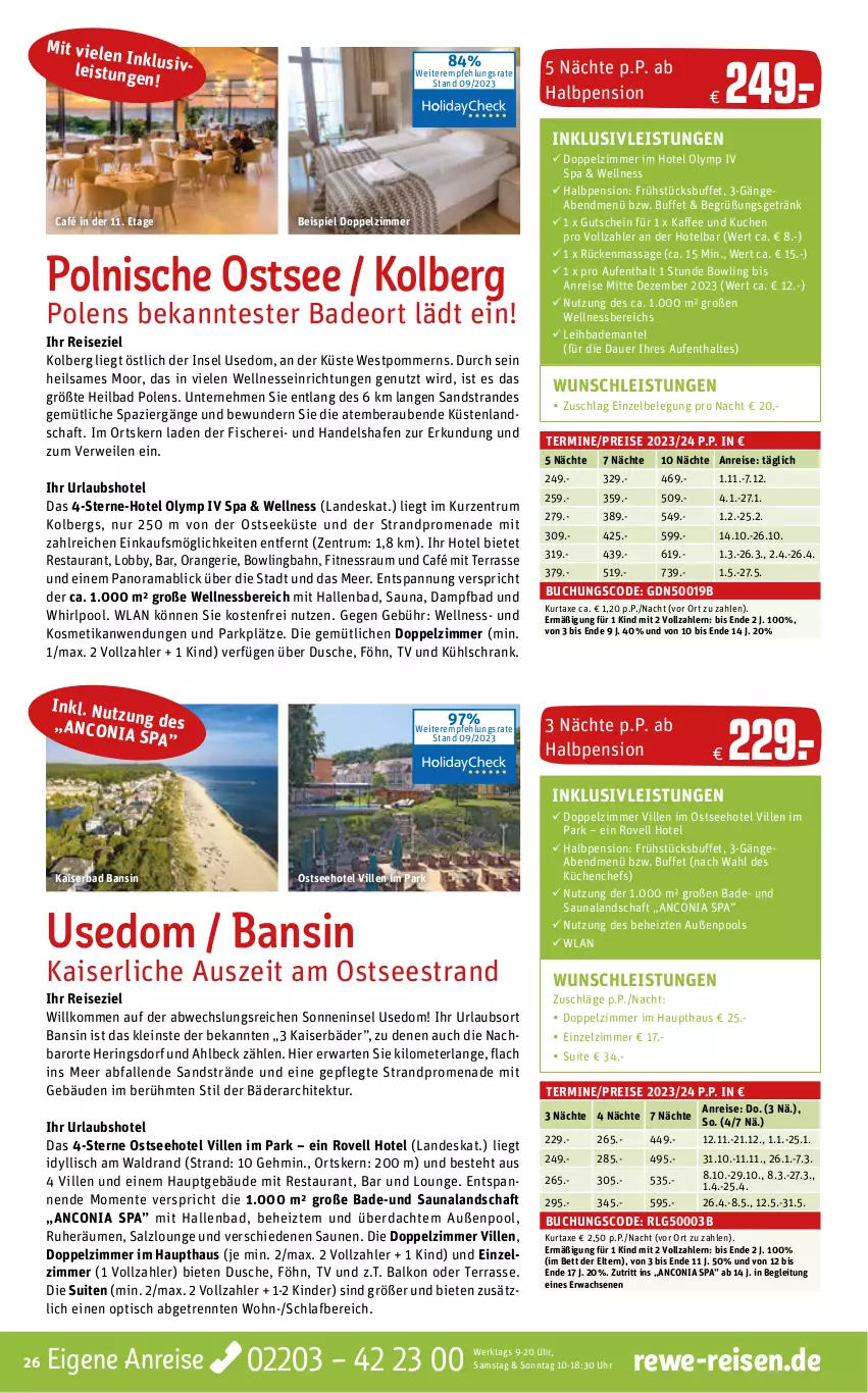 Aktueller Prospekt Rewe Reisen - Reiseprospekt - von 29.09 bis 27.10.2023 - strona 26 - produkty: auer, axe, Bad, Bademantel, bett, buch, deo, dusche, eis, ente, fisch, fische, Fischer, getränk, gutschein, hering, Herings, inklusivleistungen, kaffee, Kaiser, Kinder, kosmetik, küche, Küchen, kuchen, kühlschrank, kurtaxe, LG, mab, Mantel, orange, pool, rama, reis, ring, rum, rwe, salz, Schere, Schrank, Ti, tisch, uhr, wellnessbereich, Whirlpool, ZTE