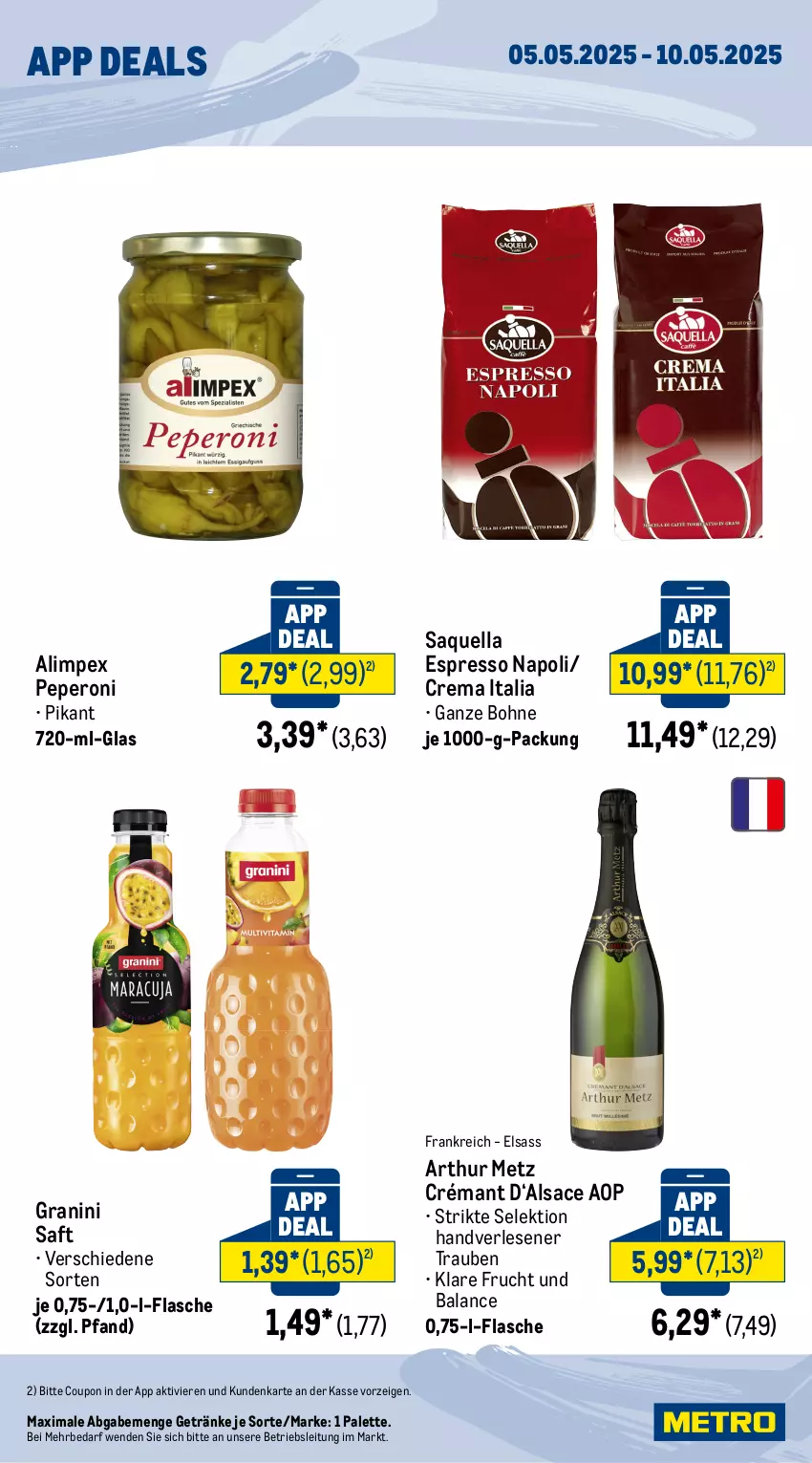Aktueller Prospekt Metro - App Deals - von 05.05 bis 10.05.2025 - strona 2 - produkty: bohne, coupon, espresso, flasche, frucht, getränk, getränke, granini, Palette, peperoni, Peroni, sac, saft, Ti, trauben